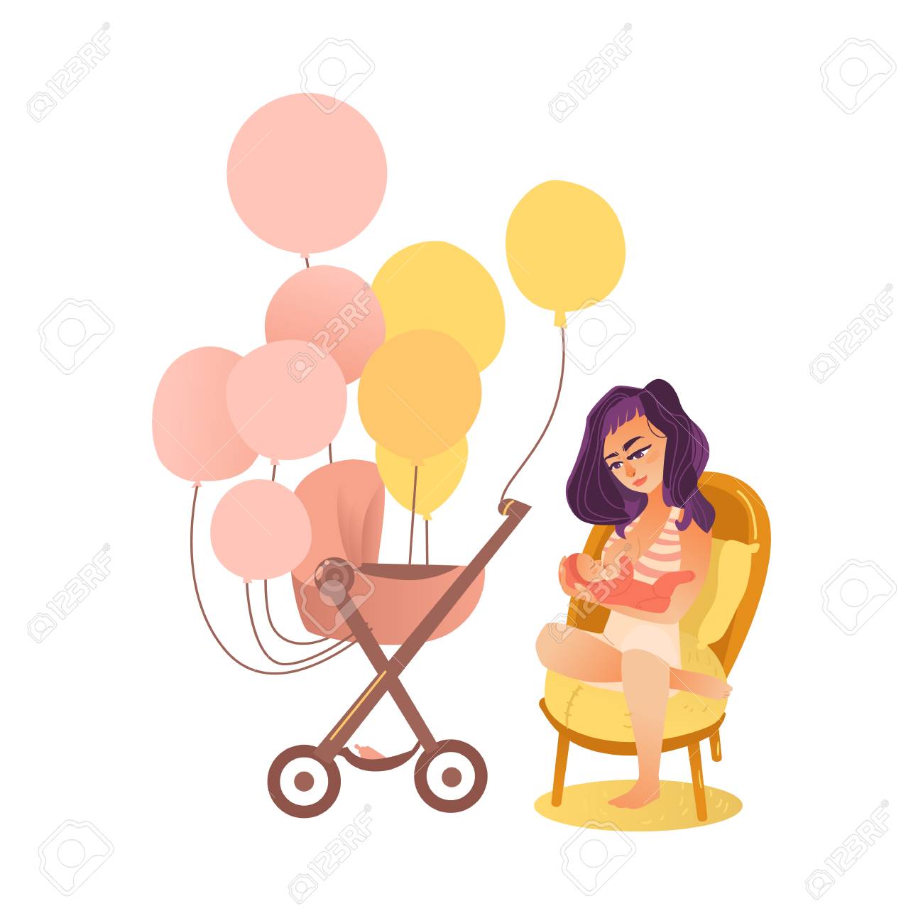母の胸の供給の彼女の生まれたばかりの赤ちゃんと乳母車白い背景上に分離されて多くの気球 フラット スタイル ベクトル イラスト飾られています 生まれたばかりの赤ちゃんセット 授乳ママと風船で乳母車 のイラスト素材 ベクタ Image