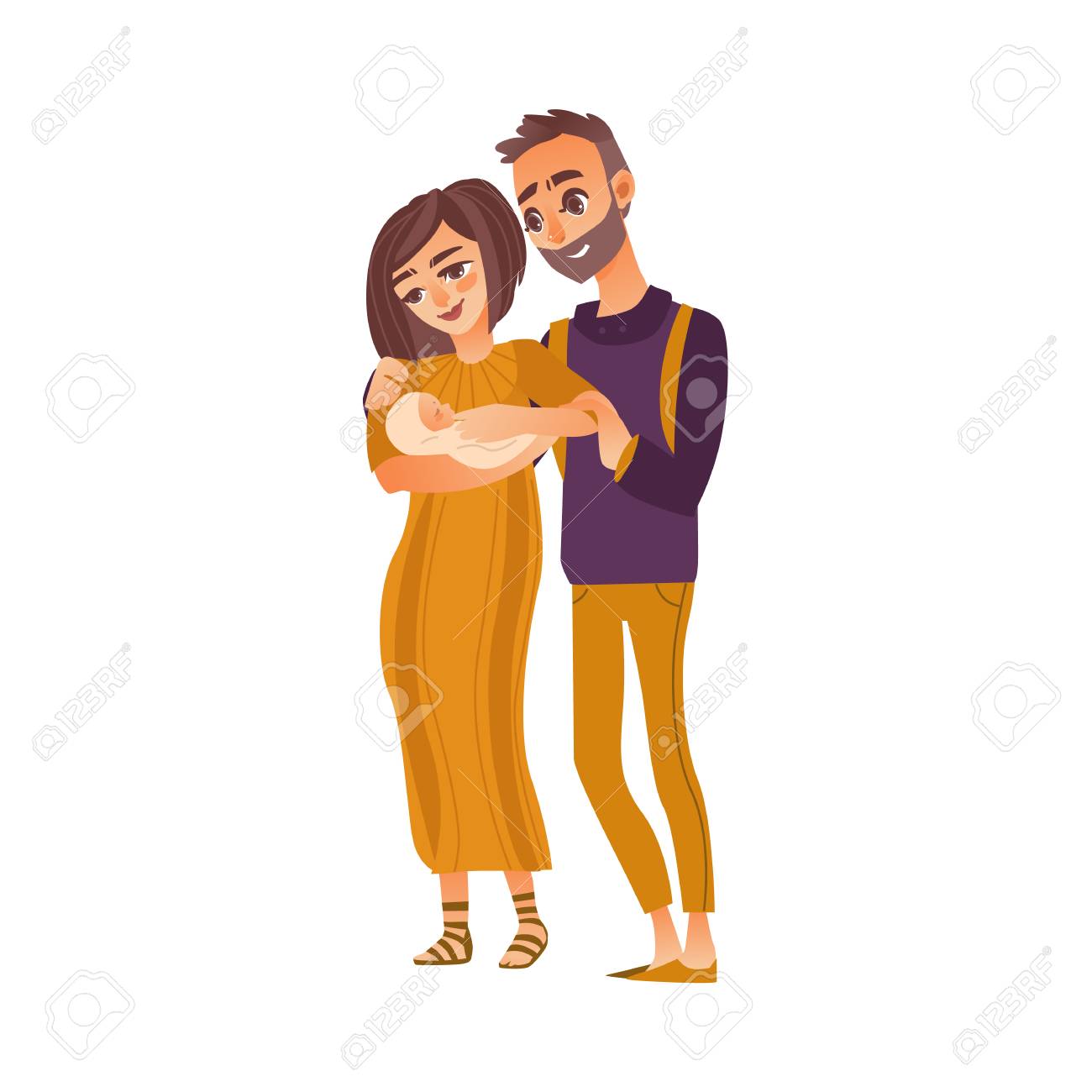 Vecteur De Dessin Anime Plat Couple Adulte Et Bebe Nourrisson Illustration Isolee Sur Un Fond Blanc Caracteres De Famille Plats Homme Souriant Barbu Adulte Jolie Femme En Robe Marron Et Bebe Nouveau Ne