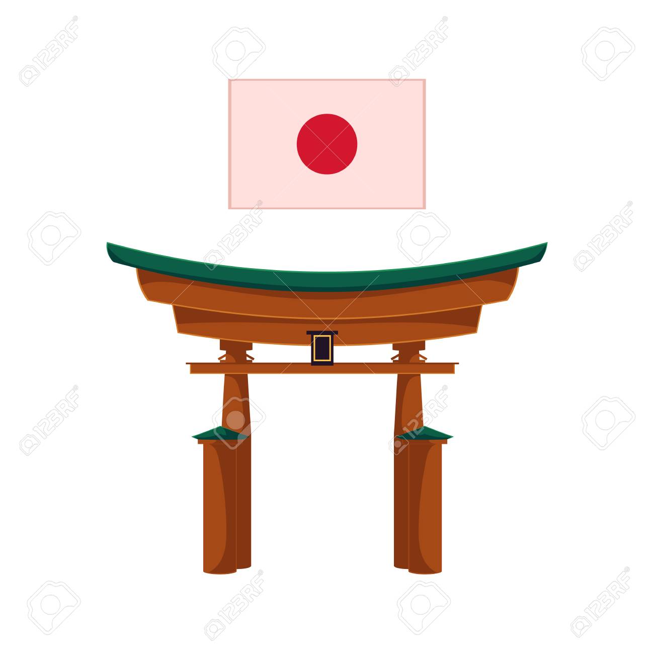 ベクトル日本門または鳥居 赤い太陽の日本国旗 フラットスタイルの伝統的な東の建物 ランドマークアイコン 白い背景に分離されたイラスト のイラスト素材 ベクタ Image