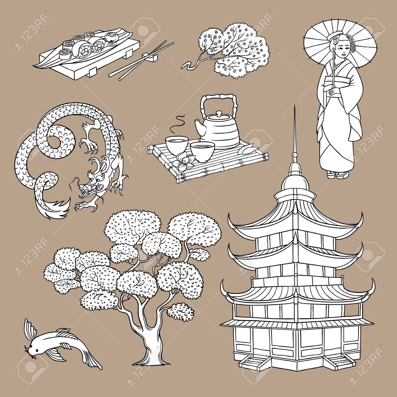 芸者 さくら 鯉 寿司 パゴダ お茶 ドラゴン 手描きベクトルイラスト を背景に隔離した日本文化要素のセット 日本文化のシンボル アイコン 要素のセットのイラスト素材 ベクタ Image