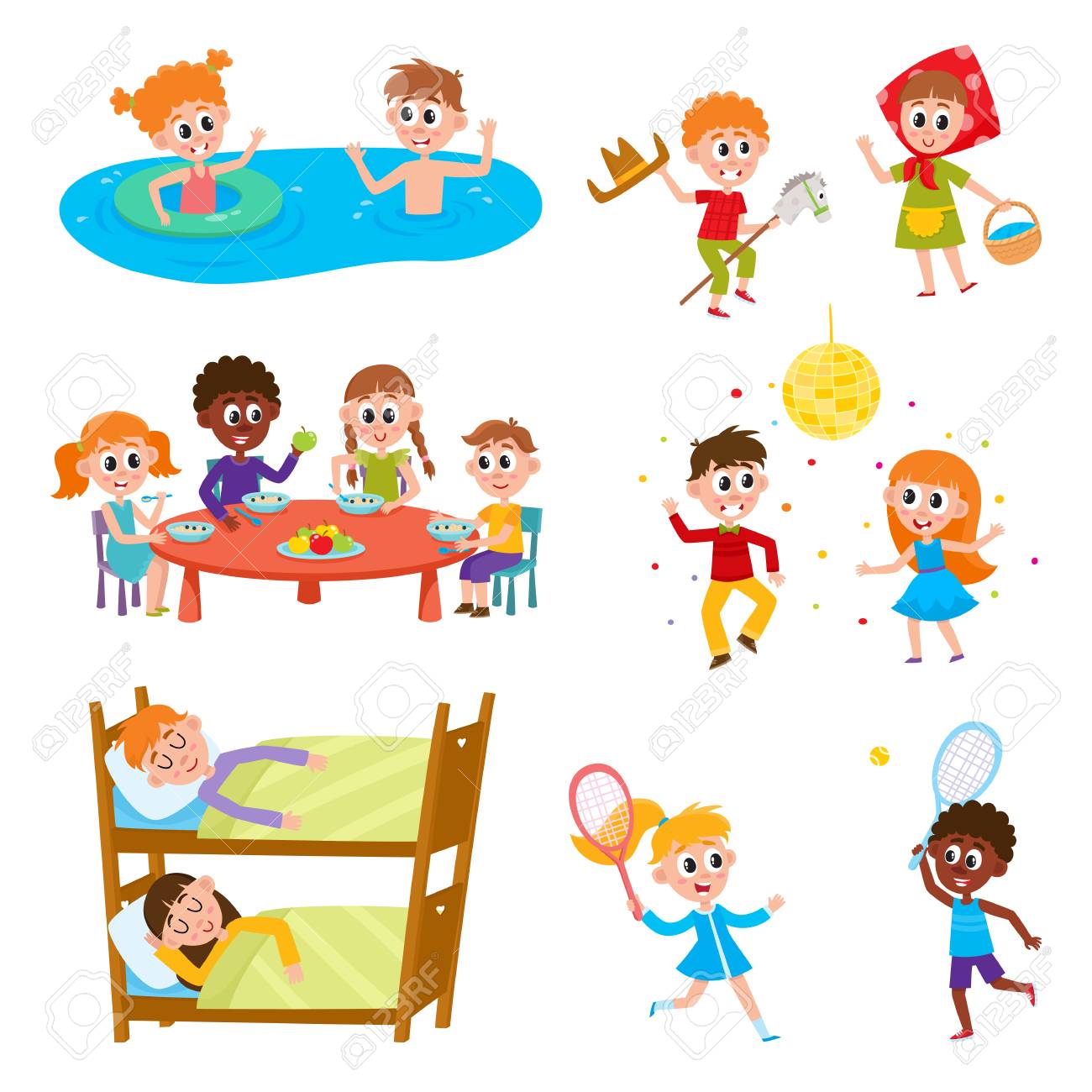 Set of kids, boys and girls on vacation in summer camp - eating, sleeping, playing, swimming, dancing, sleeping, cartoon vector illustration on white background. Happy kids in summer camp set - 92124220 Set of kids, boys and girls on vacation in summer camp - eating, sleeping, playing, swimming, dancing, sleeping, cartoon vector illustration on white background. Happy kids in summer camp set - 92124220