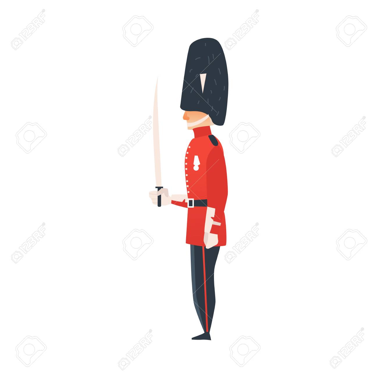 Vector De Dibujos Animados Reina De Guardia Hombre En Ingles Tradicional Britanico Reino Unido Inglaterra Uniforme Rojo Soldado Que Sostiene El Arma Ilustracion Aislada En Un Fondo Blanco Ilustraciones Vectoriales Clip Art