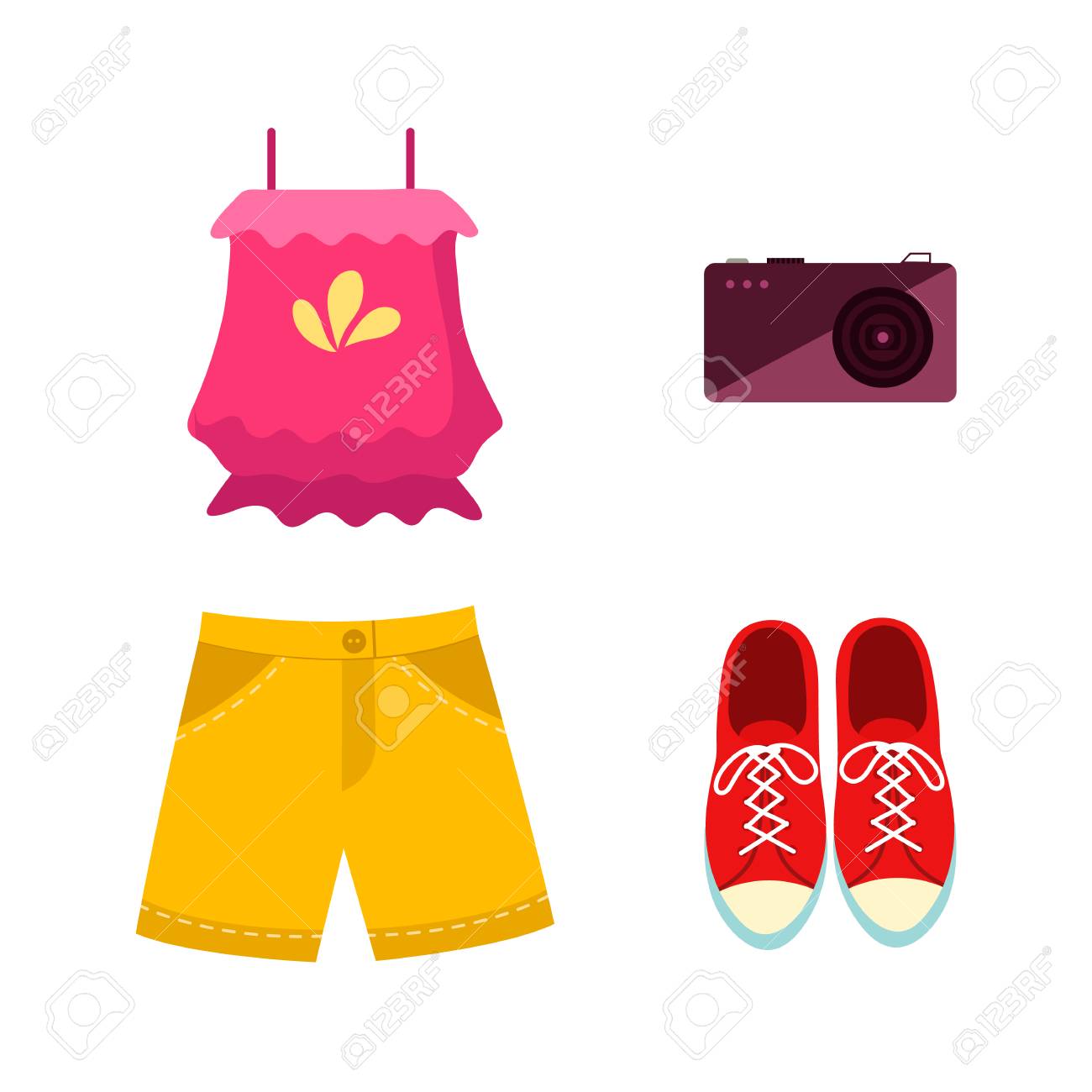 vector flat woman outfit apparel accessories set. Red sneakers, mobile photo camera, yellow shorts and pink funny backpack. Fashionable trendy Isolated illustration on a white background. - 92137020 vector flat woman outfit apparel accessories set. Red sneakers, mobile photo camera, yellow shorts and pink funny backpack. Fashionable trendy Isolated illustration on a white background. - 92137020