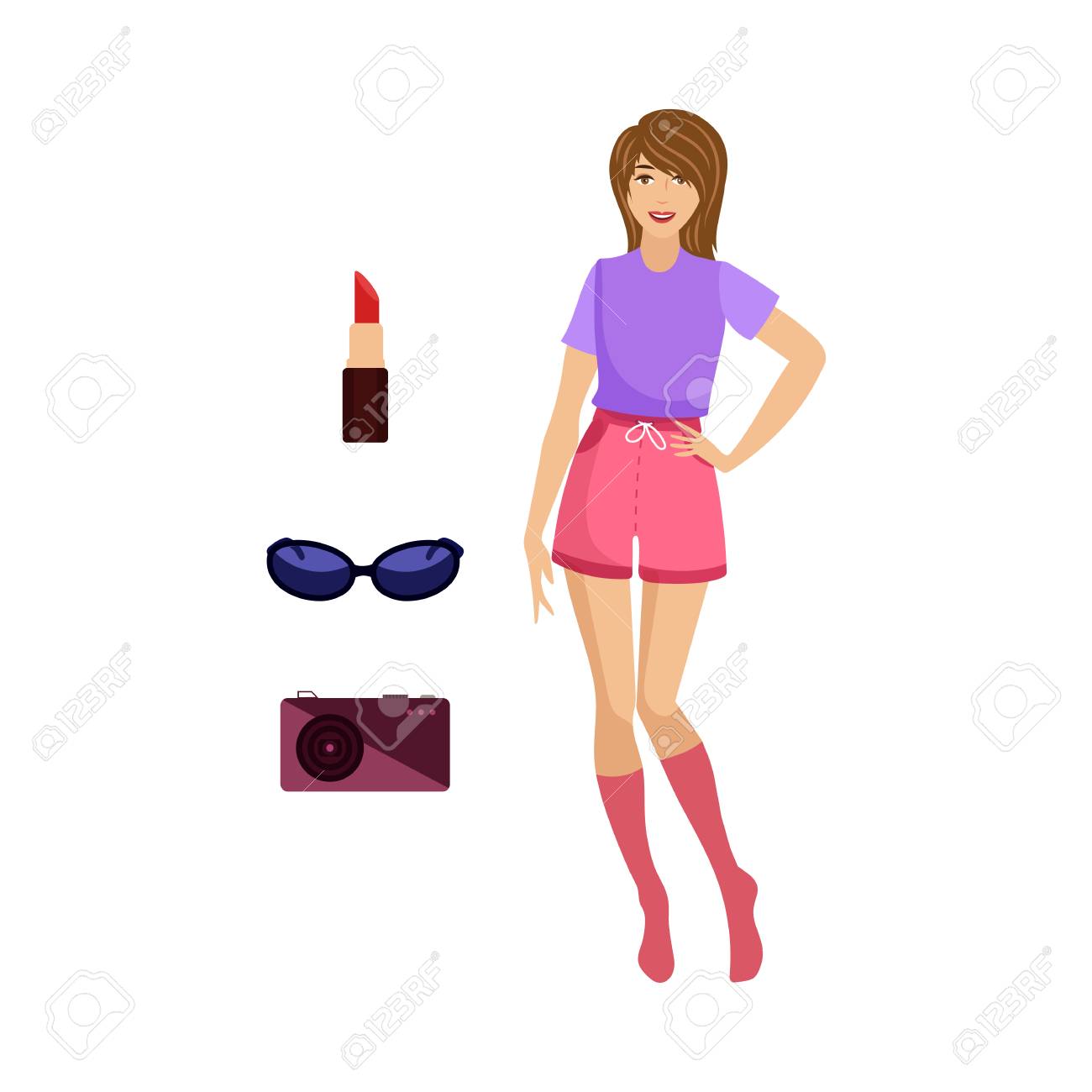 フラットかわいい若い女の子とアクセサリーセット のイラスト素材 ベクタ Image