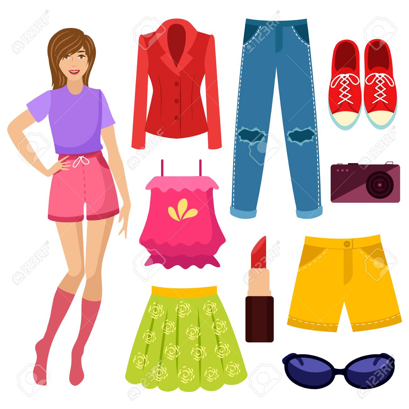 若い女性 女の子と彼女の夏のワードローブ 服やアクセサリー 漫画ベクトルイラストは白い背景に隔離されています かわいい女の子 若い女性 彼女の服やアクセサリーの漫画の肖像画 のイラスト素材 ベクタ Image