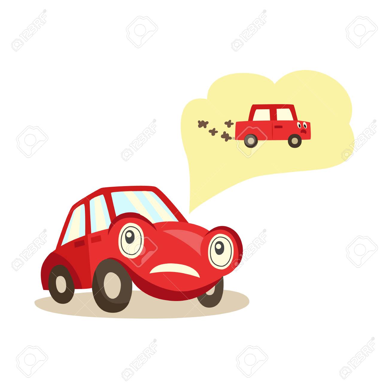 ネガティブな感情イラストでエンジンや排気系の問題を心配する目を持つ車 のイラスト素材 ベクタ Image