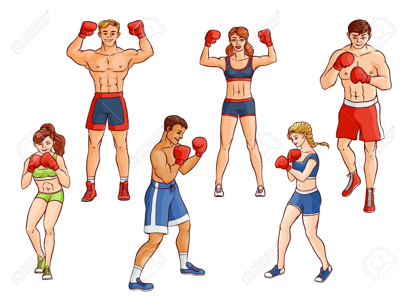 漫画筋肉強かわいい美しい女性 女の子とハンサムな男は赤いボクシンググローブで異なるポーズで立っています のイラスト素材 ベクタ Image