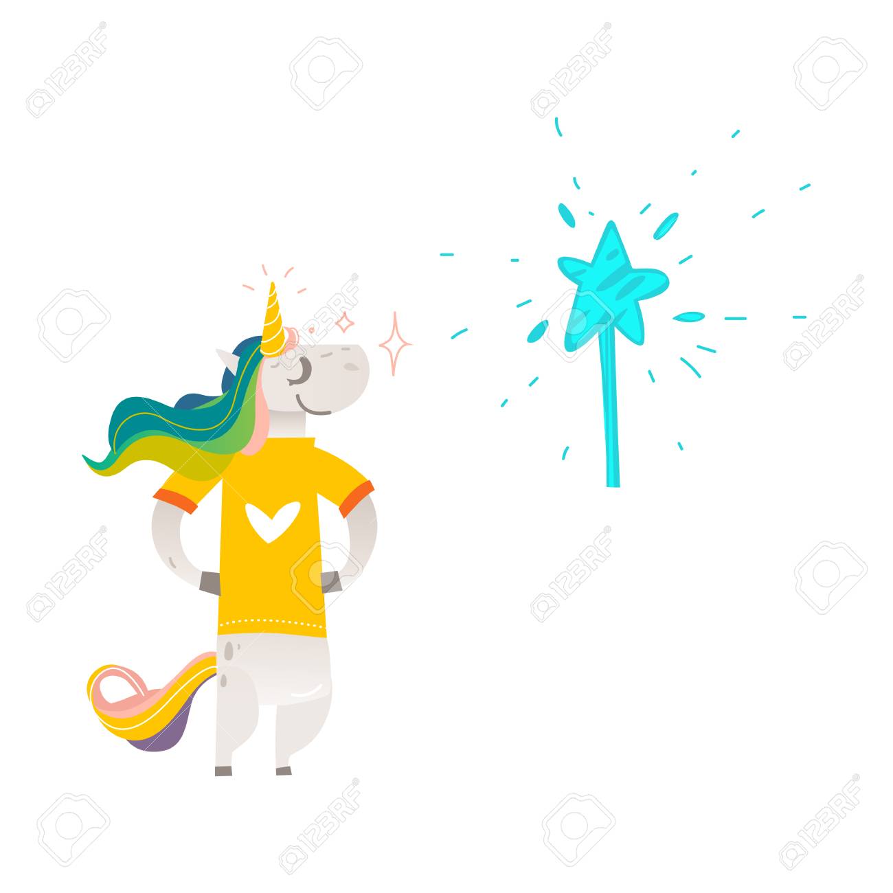 ベクトル漫画は黄色のtシャツに立つユニコーンキャラクターで ハートプリントのカラフルな髪とホーン 星付きの魔法の杖 のイラスト素材 ベクタ Image