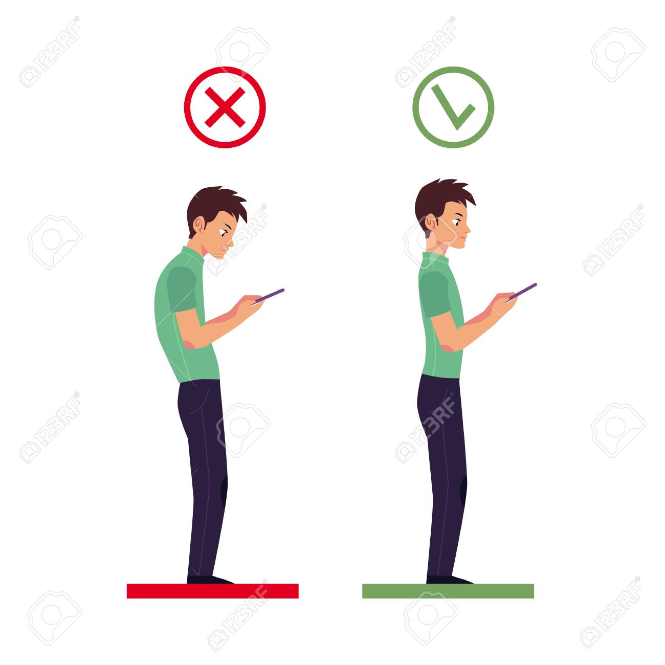 スマートフォンを使用して若い漫画の男のキャラクターの正しいと間違った首と背骨の位置合わせ 健康な頭部曲げ位置 首の傾斜 スパインケアコンセプト絶縁 イラスト のイラスト素材 ベクタ Image スマートフォンを使用して若い漫画の男のキャラクターの正しいと間違った首と背骨の位置合わせ 健康な頭部曲げ位置 首の傾斜 スパインケアコンセプト絶縁 イラスト のイラスト素材 ベクタ Image