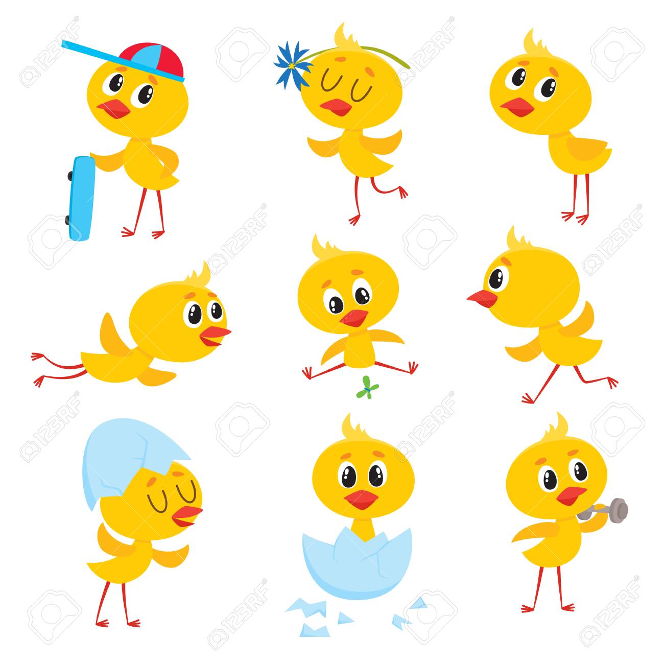 かわいい赤ちゃん鶏のキャラクターが走って 飛行 トレーニング 卵の殻に座って 白い背景にベクトルイラストと漫画セット かわいいイースター新生児の赤ちゃんチキンキャラクターは 様々なことをやっています のイラスト素材 ベクタ Image