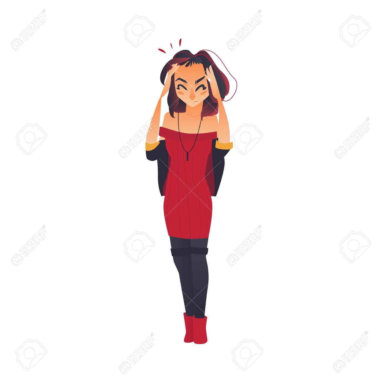 かわいい女の子 頭痛 偏頭痛を持つ女性 彼女の額に手を押し 白い背景に隔離されたフラット漫画ベクトルイラスト 女の子の完全な長さの肖像画 頭痛を持つ女性 のイラスト素材 ベクタ Image