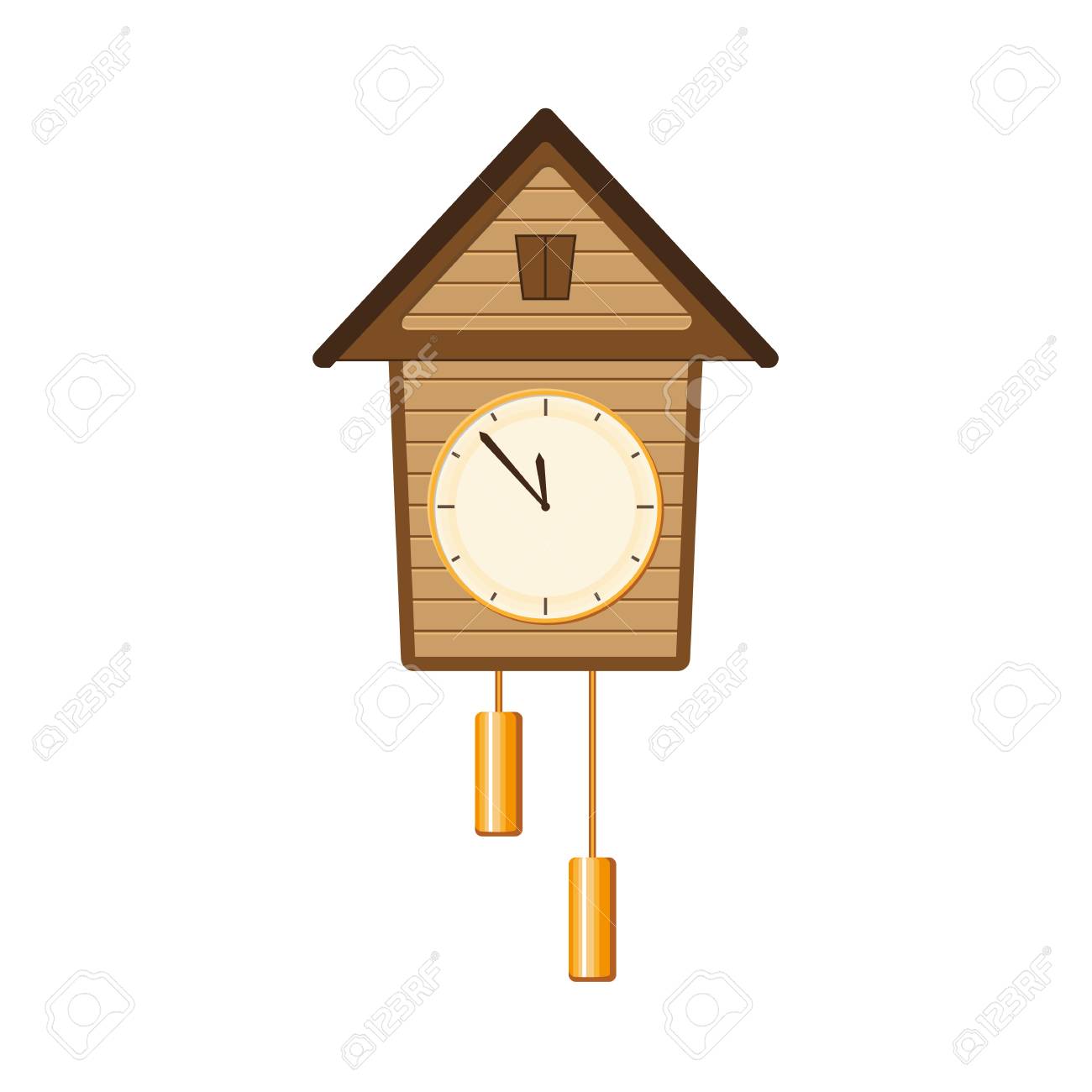 伝統的なレトロな 壁に掛かっている2つの重みを持つヴィンテージスタイルのカッコウ時計 白い背景にフラットスタイルのベクトルイラスト 壁に掛かるカッコウ 時計 インテリア のイラスト素材 ベクタ Image