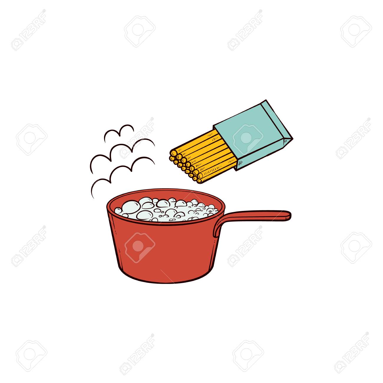 沸騰した水とスパゲッティ パスタ調理指導 白い背景に隔離されたスケッチ手描きベクトルイラスト パスタを調理 鍋で沸騰した水と調理されていないスパゲッティのパッケージ のイラスト素材 ベクタ Image