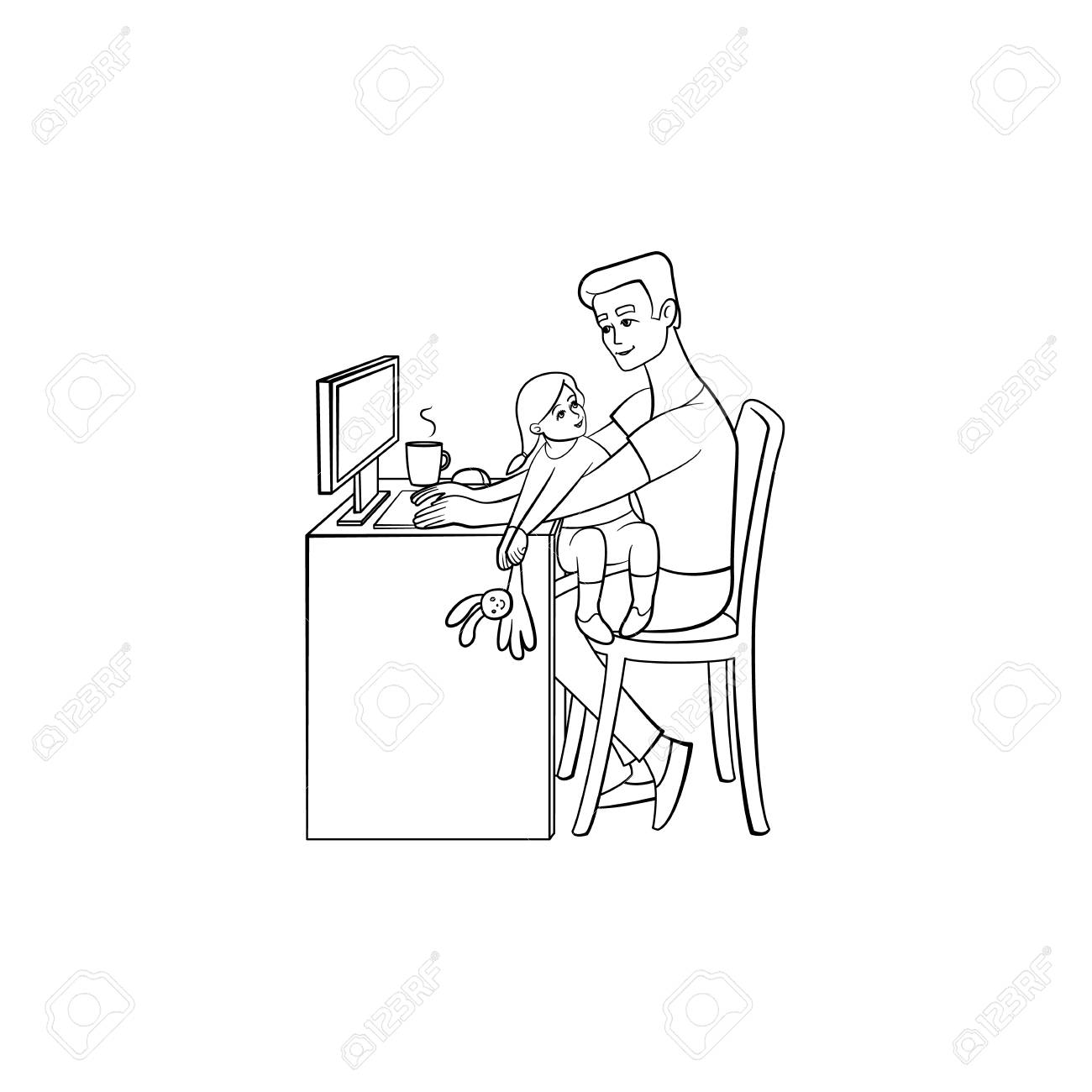 自宅 リモート フリーランスの仕事で働くベクトル漫画の人々 職場で座っている大人の男は 女の子が膝でウサギのおもちゃで遊んでデスクトップ キーボードでタイピング モノクロイラスト のイラスト素材 ベクタ Image