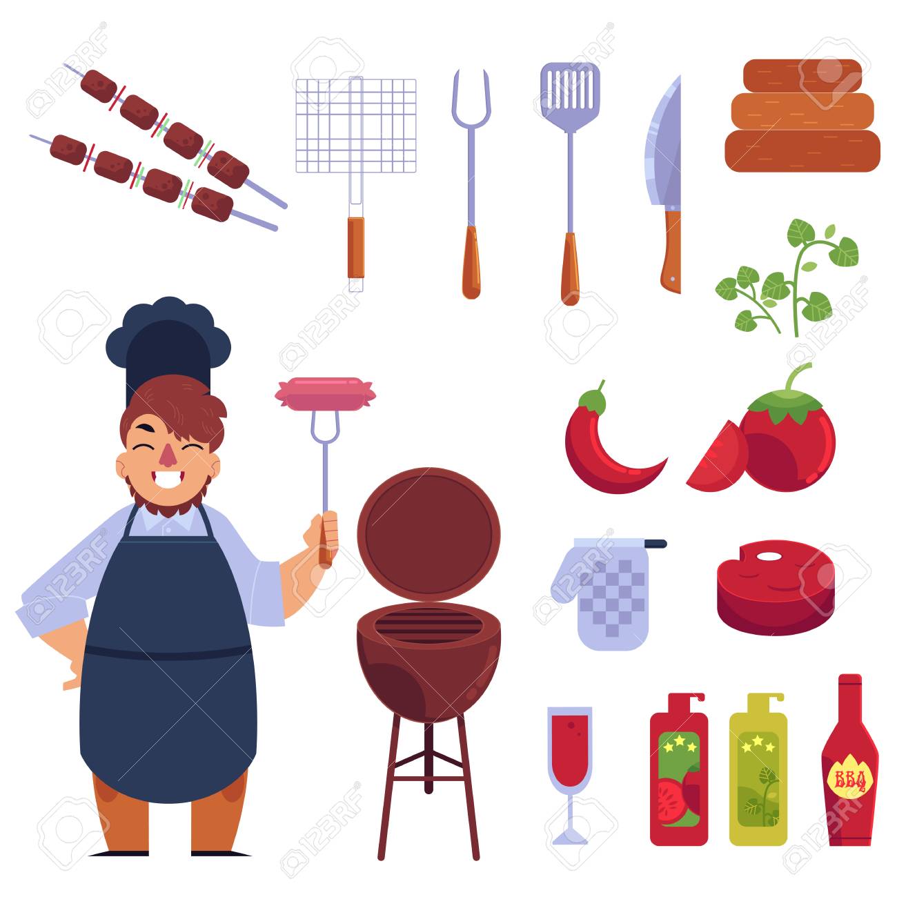 Plat Style Cartoon Ensemble De Barbecue Objets De Barbecue Cuisinier Drole Grill Ustensiles De Cuisine Sauces Illustration Vectorielle Sur Fond Blanc Ensemble D Icones Plats De Dessin Anime De Barbecue Objets De