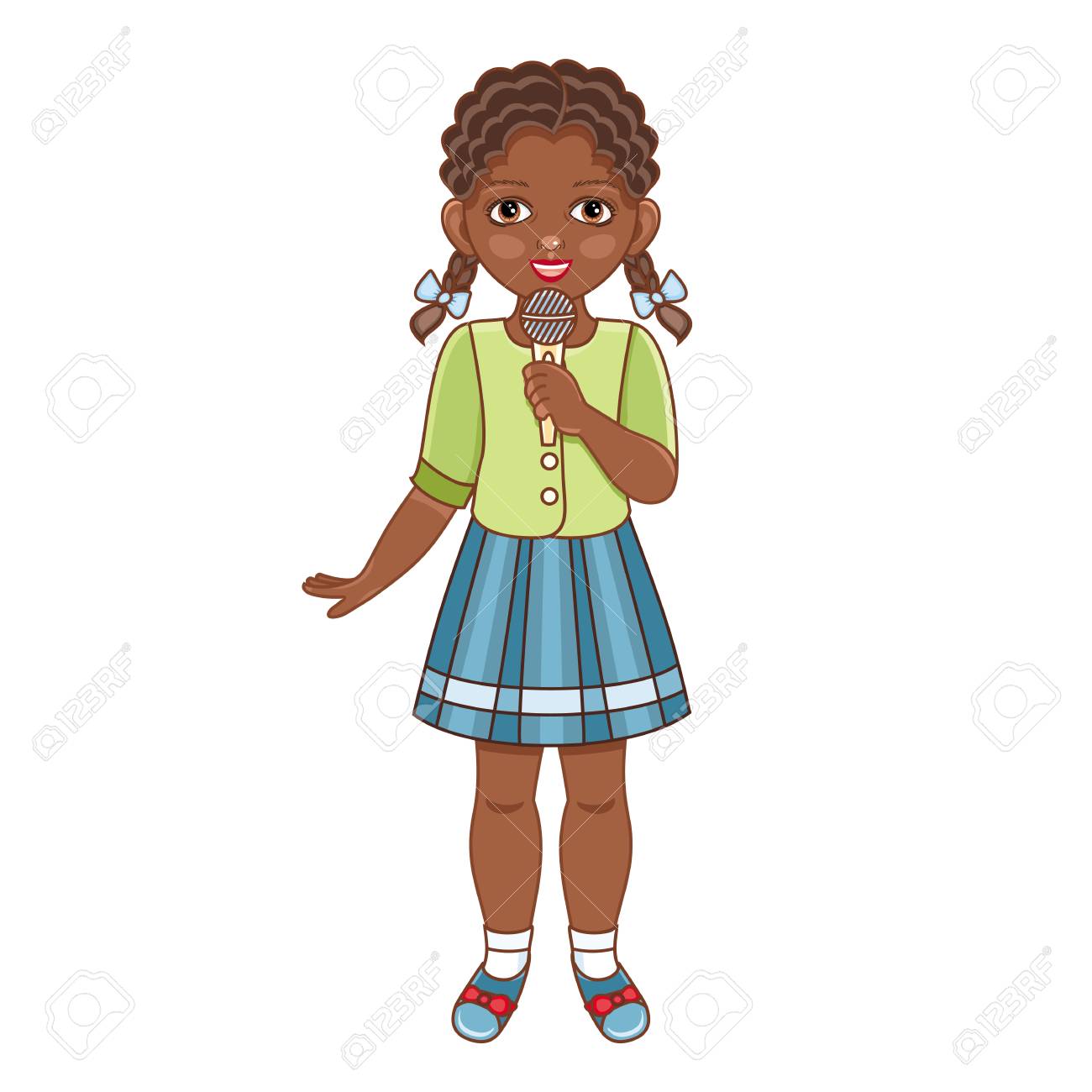 ピグテールと夏の服を着たベクターフラットアフリカ系アメリカ人の黒人の女の子 マイクで歌うスカート 孤立したイラスト 女性の子供 子供のキャラクター 白い背景 のイラスト素材 ベクタ Image