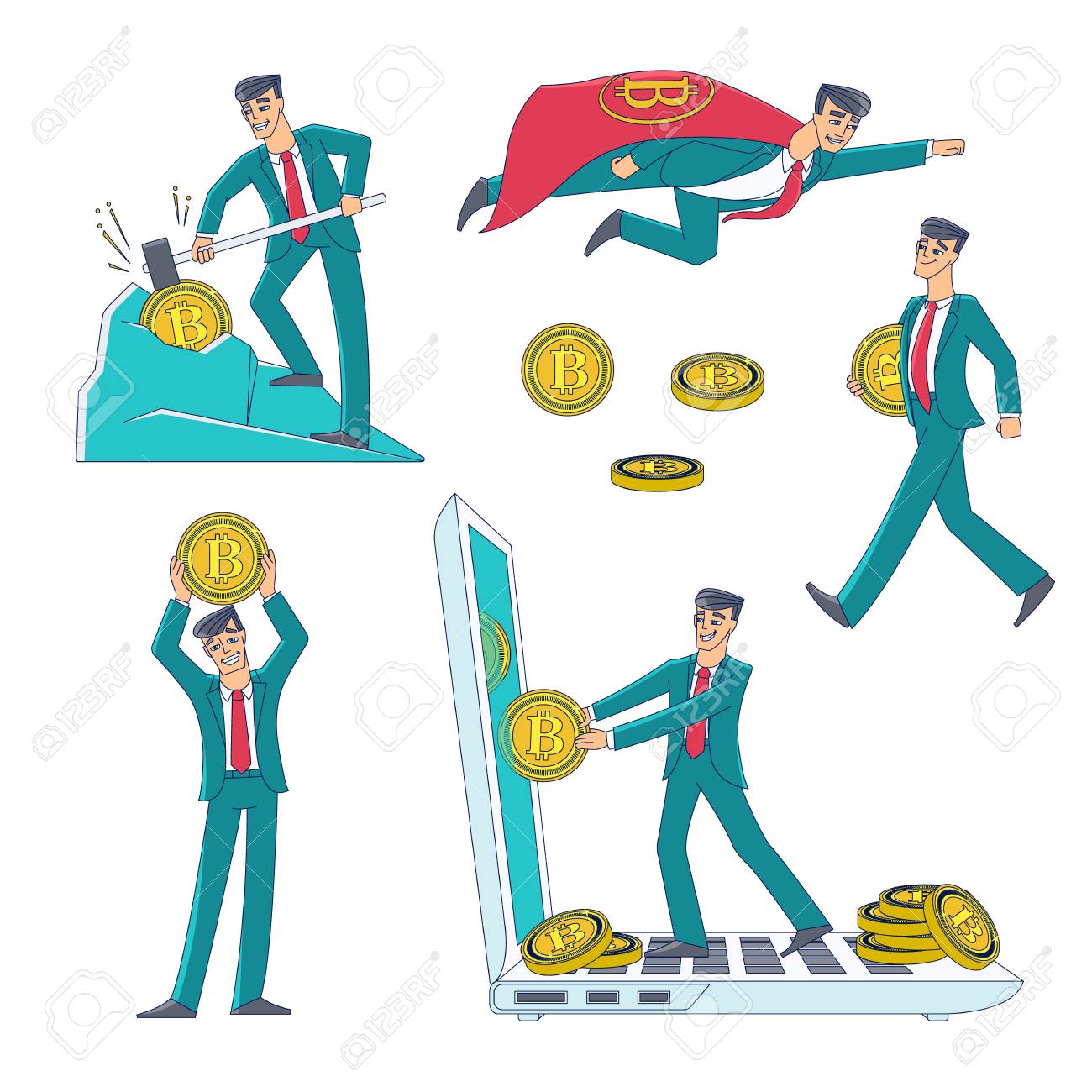 仮想通貨とビットコインマイニングと稼ぎは、人間、ビジネスマン、コインアイコン、白い背景に隔離されたフラットスタイルのベクトルイラストで設定されています。 ビットコイン鉱業、暗号通貨獲得コンセプトセットのイラスト素材・ベクター Image 95381848