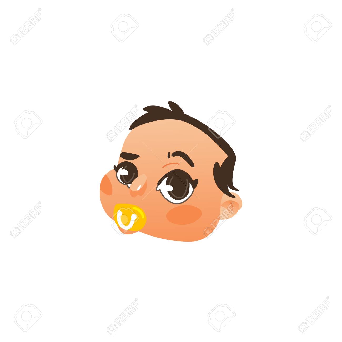 コミック風顔 赤ちゃんの頭 赤んしゃくしゃを吸う幼児 ダミー ビンキー 白い背景に隔離されたフラットベクトルイラスト フラット コミック絵文字 絵文字アイコン 新生児の男の子の頭の吸い込みおしゃぶり のイラスト素材 ベクタ Image