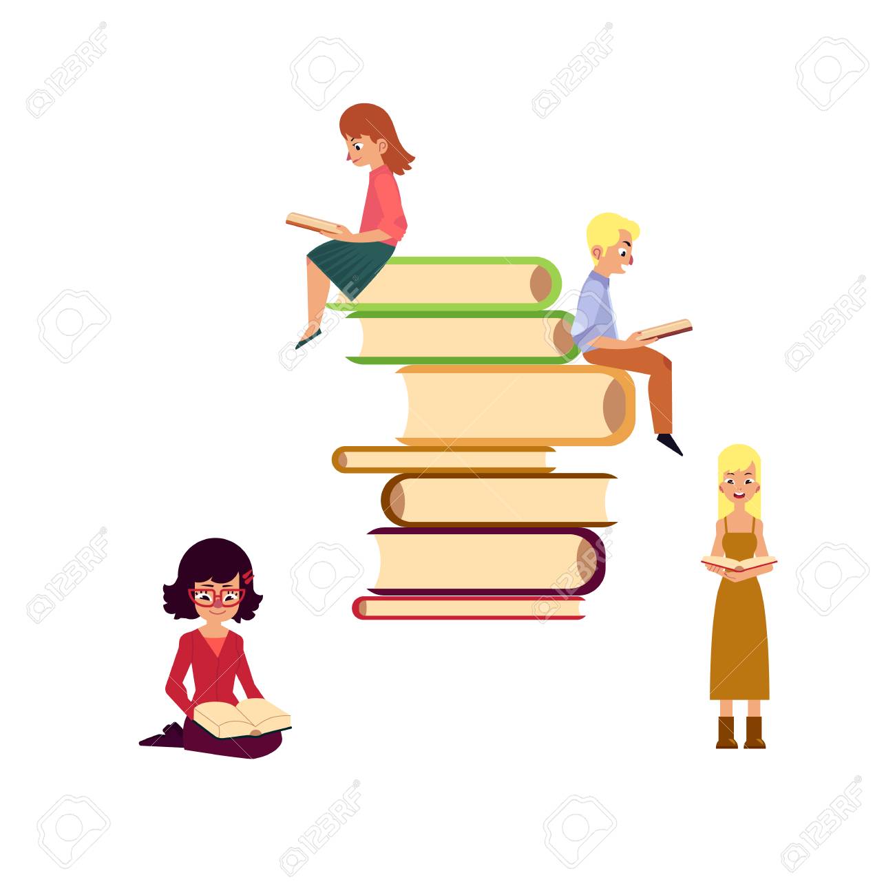 ベクトルフラット大人の人がセットを読んでいます 美しい驚いた女性のドレス読書 男 教科書と本の山に座っている女の子 分離されたイラスト 白の背景 教育 図書館関連デザインのイラスト素材 ベクタ Image ベクトルフラット大人の人がセットを読んでいます 美しい驚いた女性のドレス読書 男 教科書と本の山に座っている女の子 分離されたイラスト 白の背景 教育 図書館関連デザインのイラスト素材 ベクタ Image