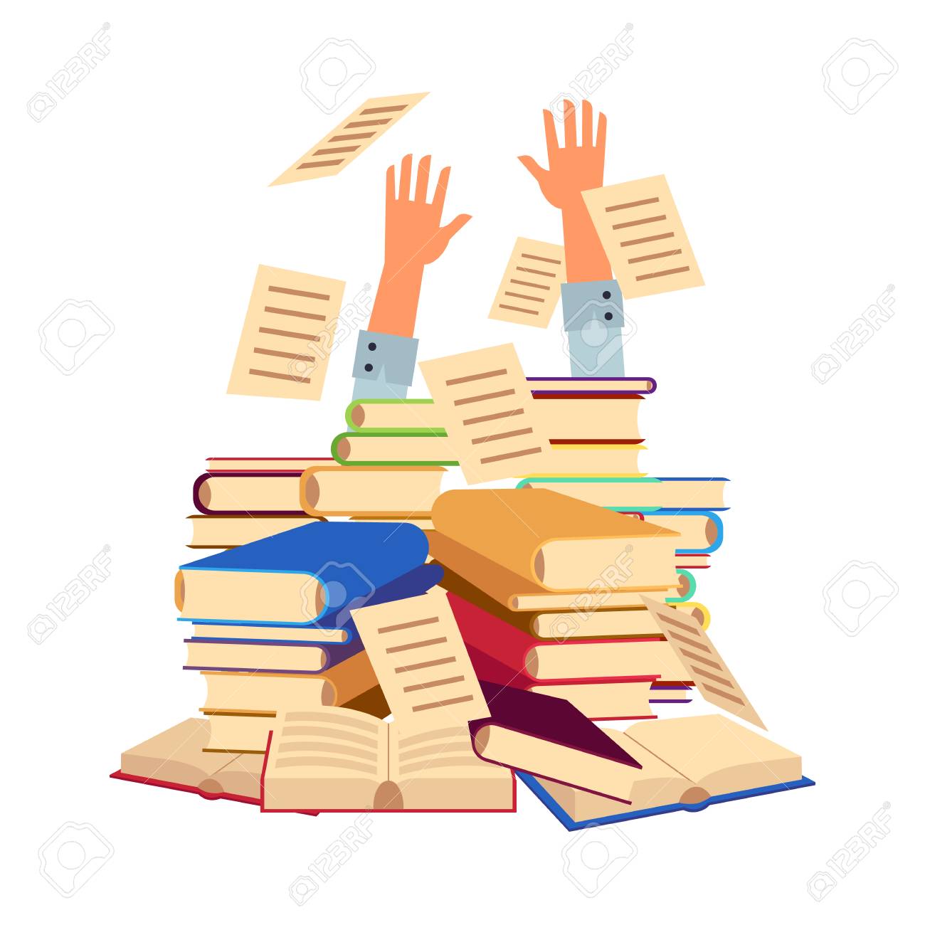 ベクトルフラットオフィスや学生の手は 本の山を突き出します 過労や試験の概念を勉強しています 教育の仕事とストレスの概念 分離された背景を図示する のイラスト素材 ベクタ Image