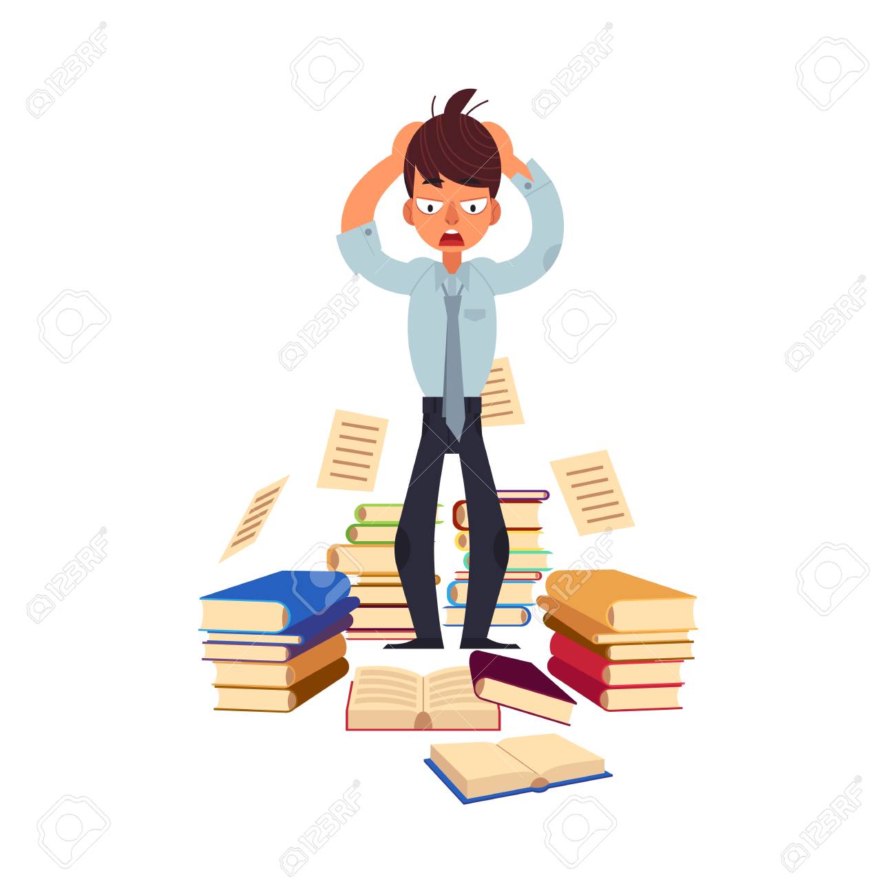 ベクターフラット疲れ果てた疲れたショックを受けた男学生や労働者は 床に本の山で髪を保持して立っています のイラスト素材 ベクタ Image ベクターフラット疲れ果てた疲れたショックを受けた男学生や労働者は 床に本の山で髪を保持して立っています のイラスト素材 ベクタ Image