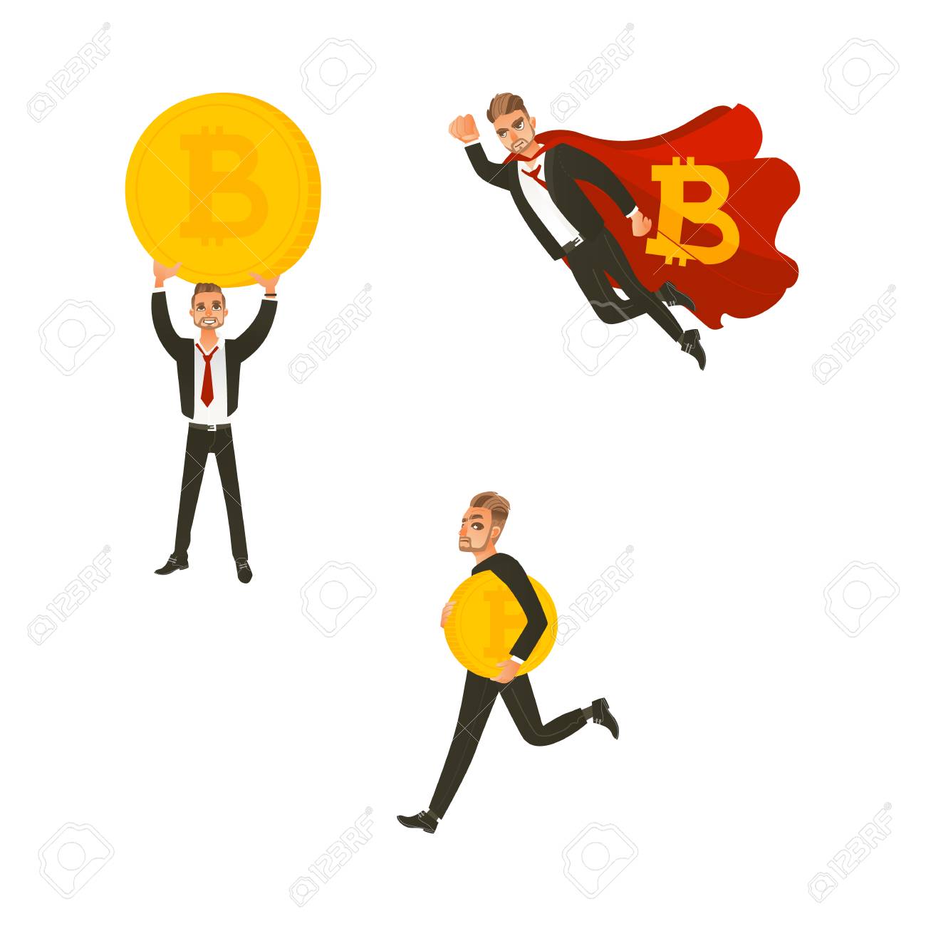 Vector Flat Bitcoin, Mining Concept. Male Character, Happy Businessman In  Suit Flying Like Superman In Cape, Miner Walking Holding, Raising Up Big  Golden Coin. Isolated Illustration White Background Royalty Free SVG,  Cliparts,