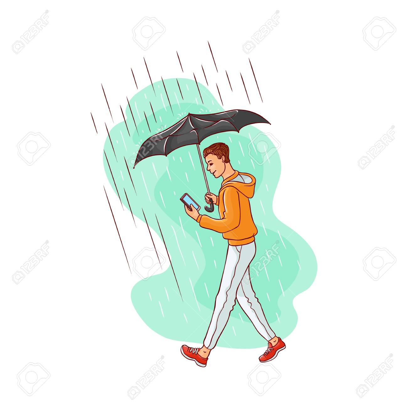 Croquis De Vecteur Dessin Animé Jeune Homme Caucasien Vecteur De Dessin Animé De Lhomme Marchant Dans La Pluie