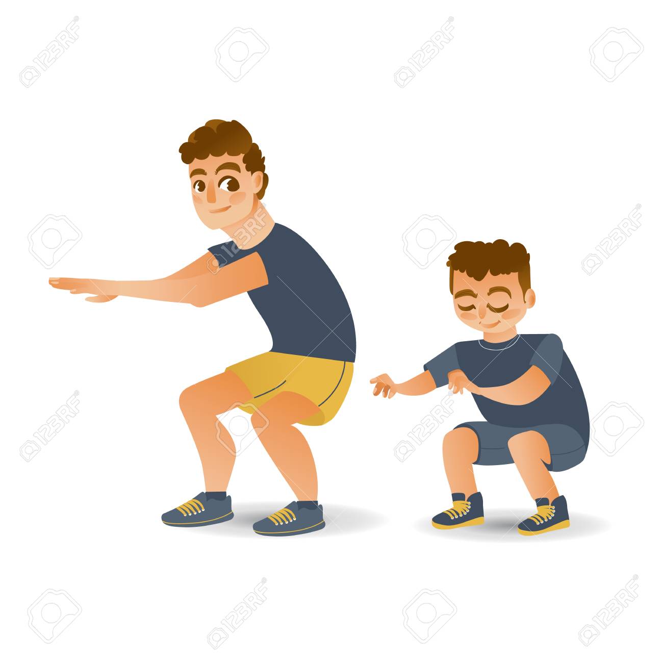 Cartoon Young Kid Boy And Adult Man In Athletic Clothing Doing