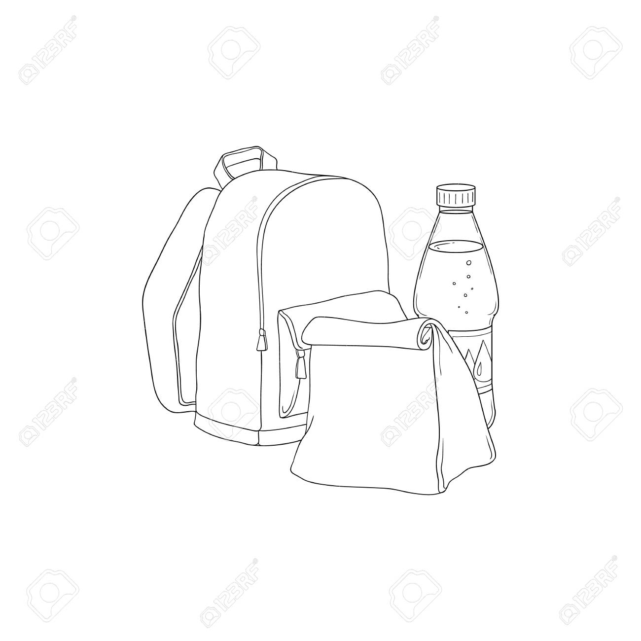 School Backpack With Paper Lunch Bag And Bottle Of Water In Sketch School Backpack With Paper Lunch Bag And Bottle Of Water In Sketch