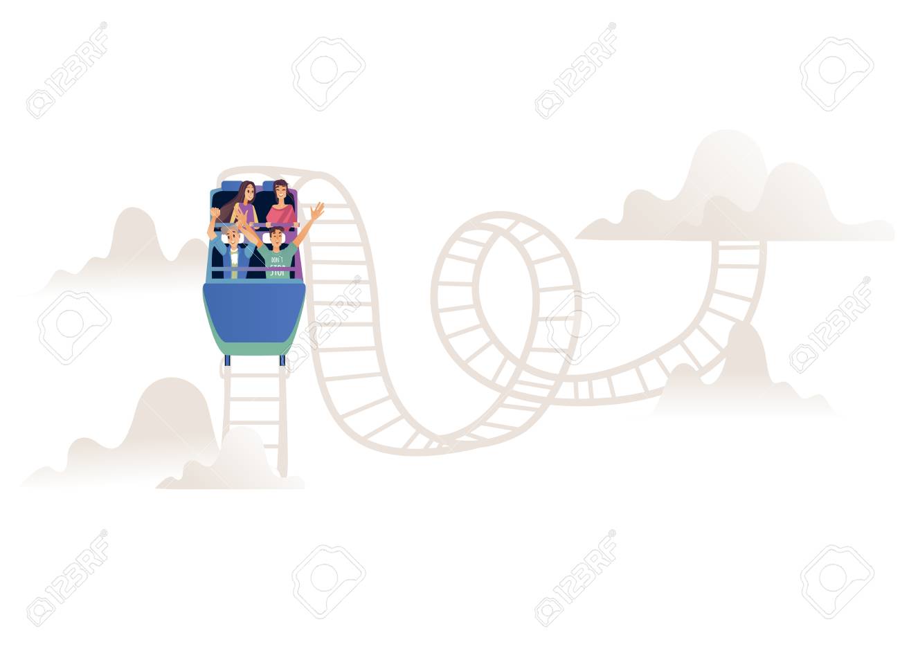 Roller Coaster With Adult Company Or Team In Open Car On Railroad Royalty Free Cliparts Vectors And Stock Illustration Image