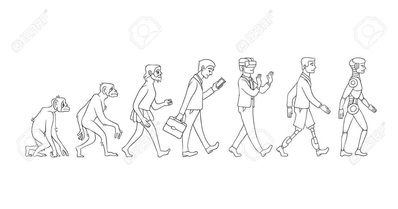 Vector evolution concept with monochrome ape to cyborg and robots growth process with monkey, caveman to businessman in suit, artificial legs person and robotic creature. Mankind development - 114460851 Vector evolution concept with monochrome ape to cyborg and robots growth process with monkey, caveman to businessman in suit, artificial legs person and robotic creature. Mankind development - 114460851