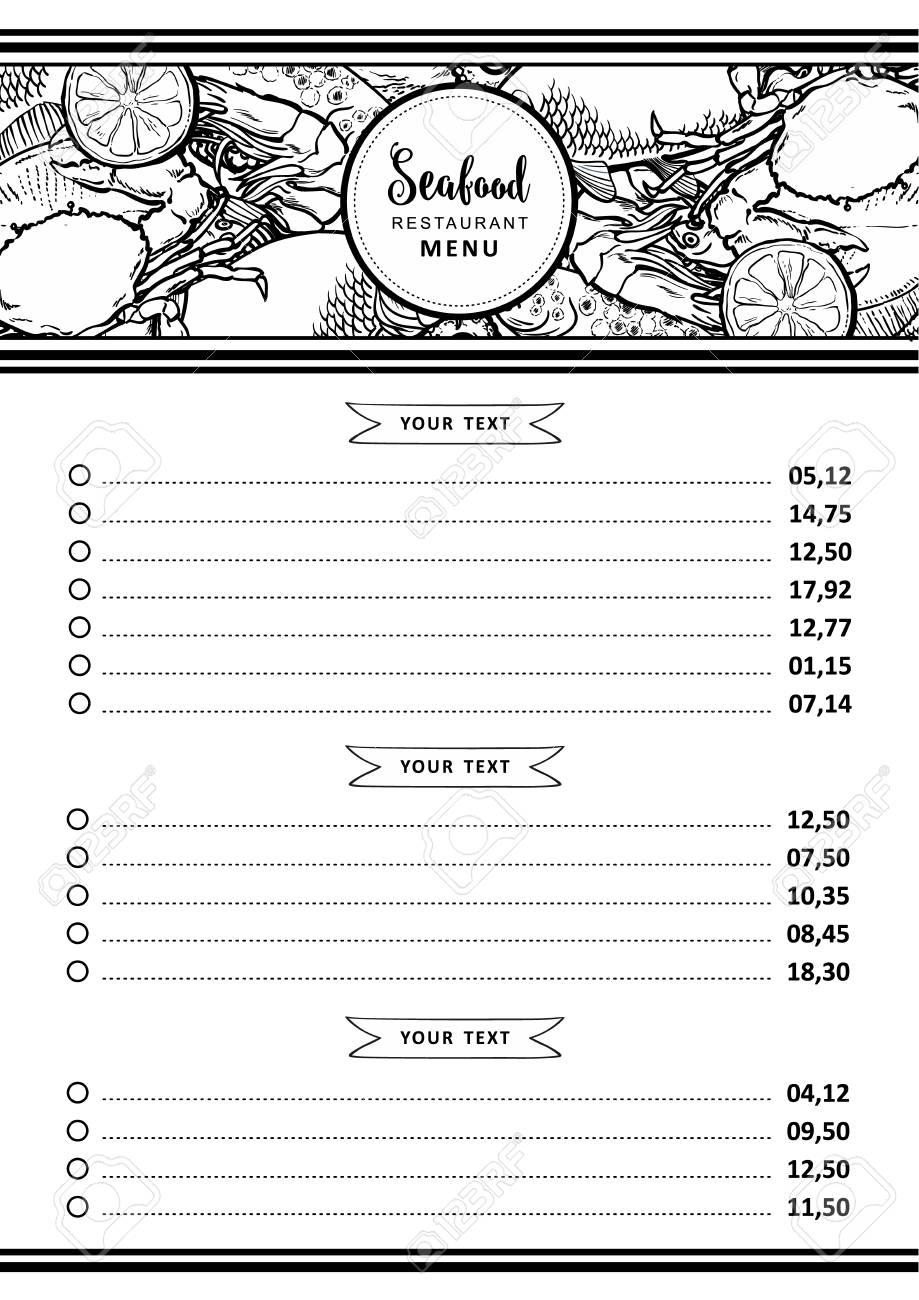 Vector Illustration Of Seafood Restaurant Or Market Menu Or Price List  Template With Various Aquatic Animals And Spices In Header. Layout With  Hand Drawn Line Sea And Ocean Food For Marine Design., image size:919x1300