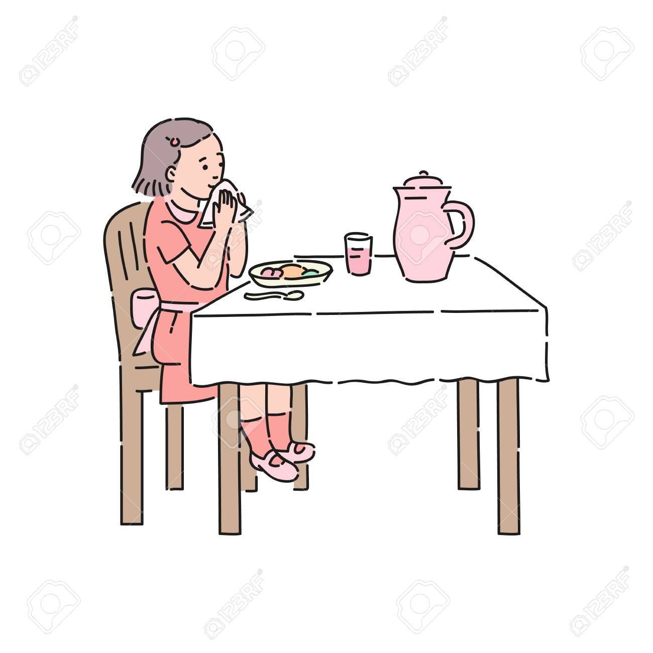 Vector well-behaved girl wipes her lips with napkin after lunch. Good manners, politeness of female kid. Decenity and urbanity of children concept. - 123466036 Vector well-behaved girl wipes her lips with napkin after lunch. Good manners, politeness of female kid. Decenity and urbanity of children concept. - 123466036