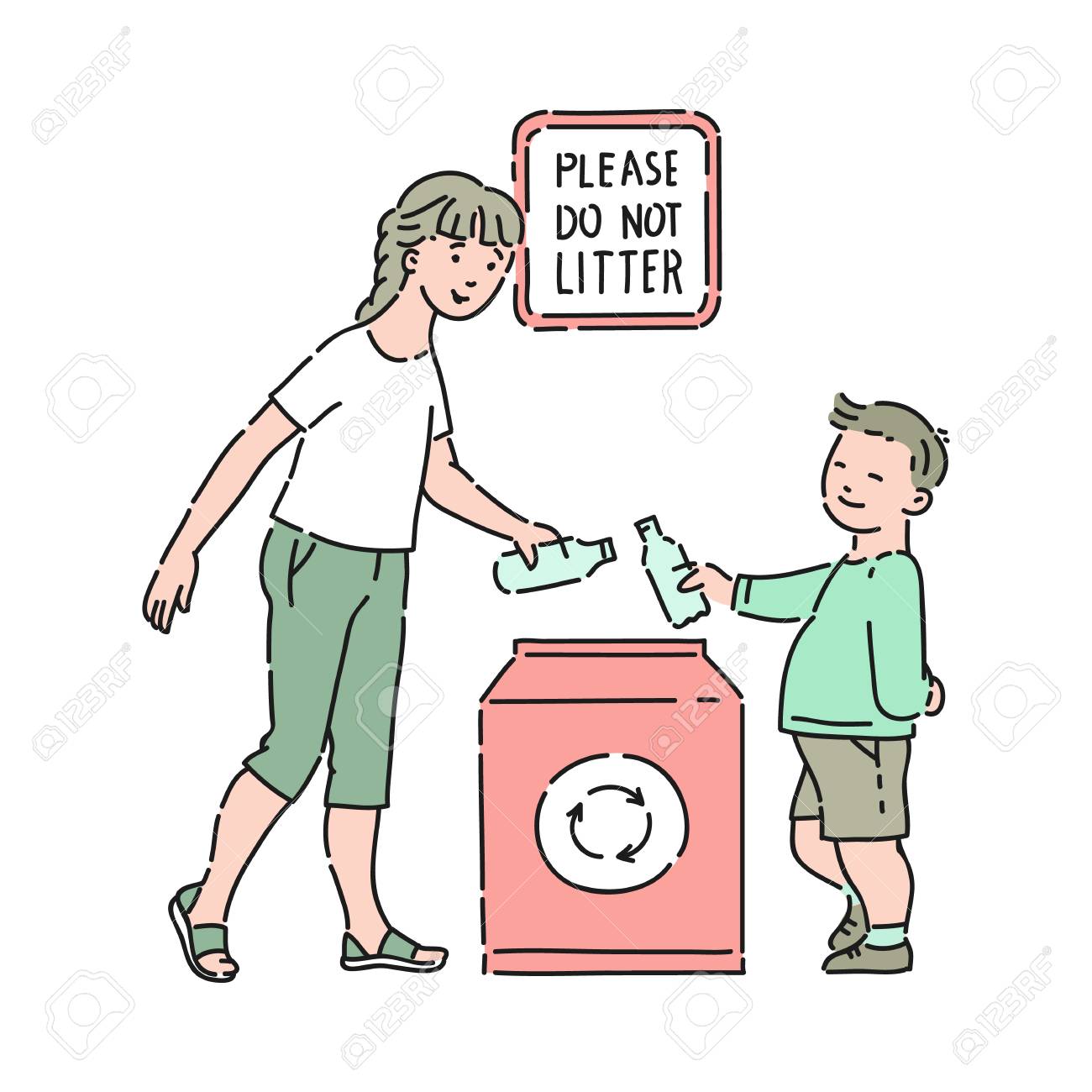 リサイクル用の特別な容器に入った母親と一緒にグラベを取り出すベクトルよく行く少年は碑文を捨てないでください 良いマナー 男性の子供の礼儀正しさ 子どもの衰退と都市性のイラスト素材 ベクタ Image