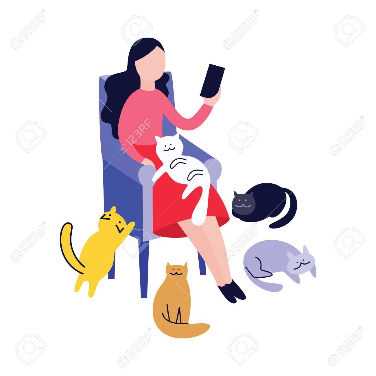 Woman sitting in armchair and reading surrounded by cats flat cartoon style, vector illustration isolated on white background. Pets nearby cat lady relaxing in chair and holding book or gadget - 123466102 Woman sitting in armchair and reading surrounded by cats flat cartoon style, vector illustration isolated on white background. Pets nearby cat lady relaxing in chair and holding book or gadget - 123466102