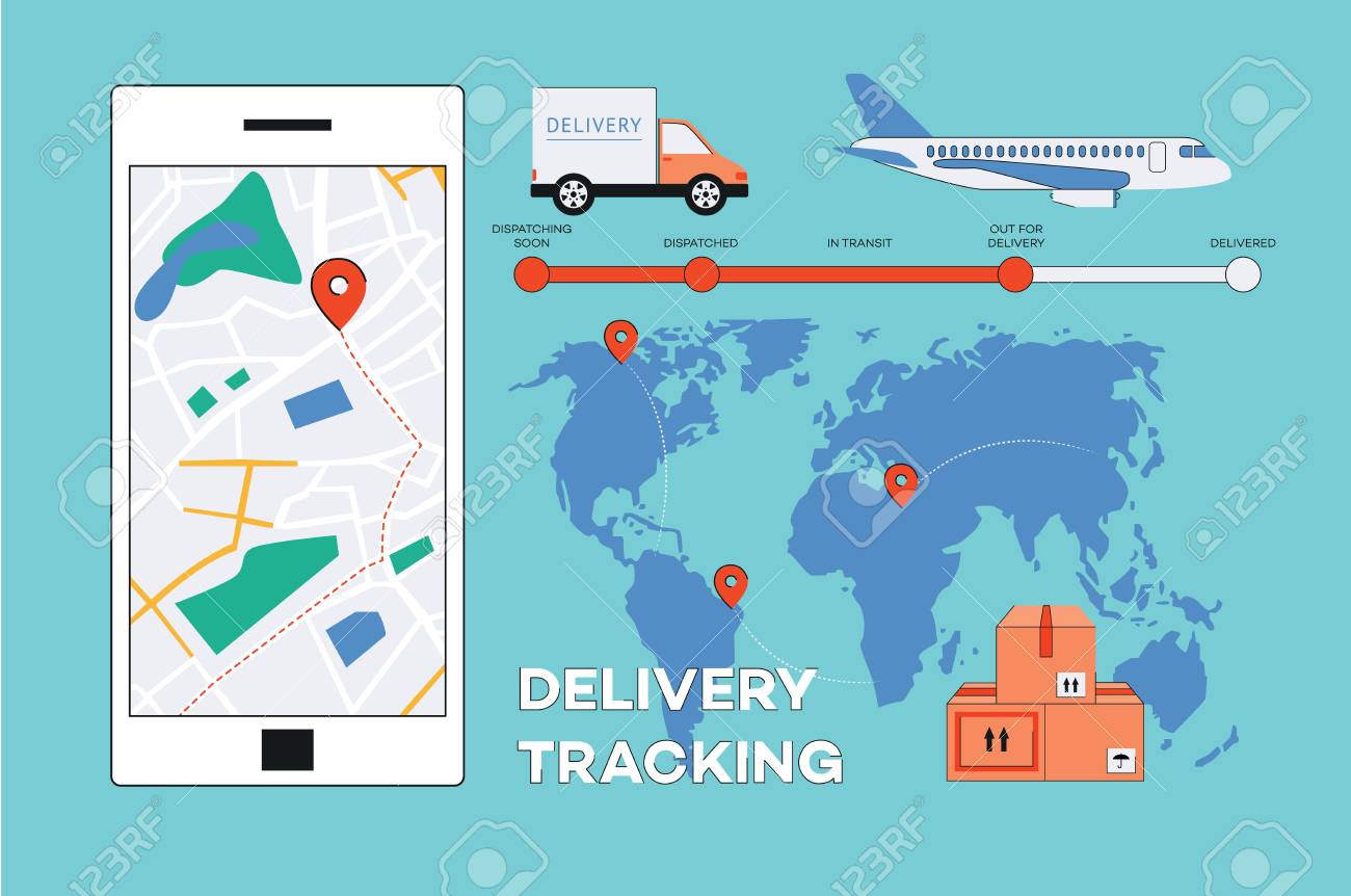 Parcel Tracking On Map Vector Delivery Tracking Poster With World Map With Navigation Pins,  Delivery Timeline, Cargo Truck, Plane, Parcel Boxes And Mobile Application  In Smartphone Screen. Online Shipping Banner Background. Royalty Free Svg,  Cliparts, Vectors,