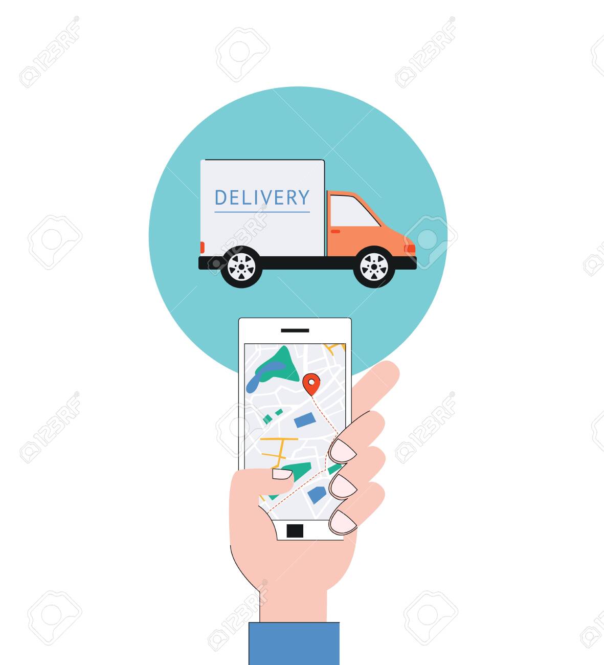 vector delivery tracking poster with hand holding world map with world map pins online