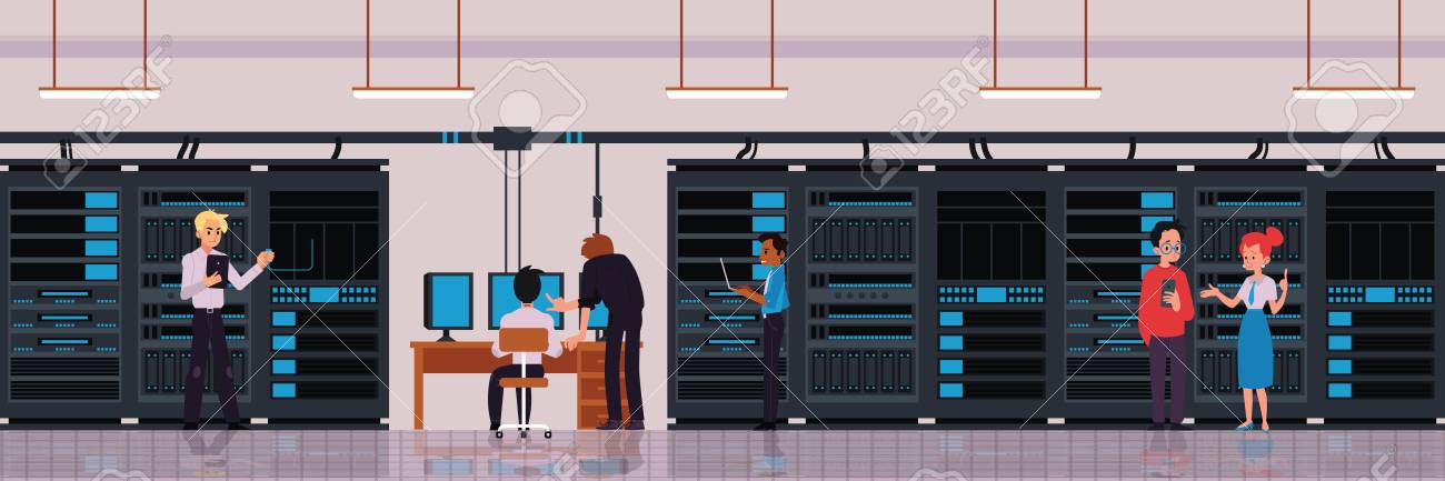 Data center or server room concept with characters of technology engineers or IT workers banner with cloud storage and data exchange server flat vector illustration. - 128169802 Data center or server room concept with characters of technology engineers or IT workers banner with cloud storage and data exchange server flat vector illustration. - 128169802