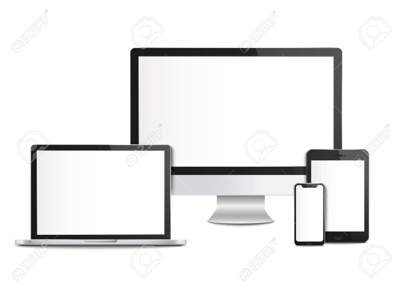 Realistic blank computer devices with screens, templates and mockups of mobile phone and tablet, desktop monitor and laptop. Computer devices and smartphone, 3d gadget, vector illustration. - 124787722 Realistic blank computer devices with screens, templates and mockups of mobile phone and tablet, desktop monitor and laptop. Computer devices and smartphone, 3d gadget, vector illustration. - 124787722