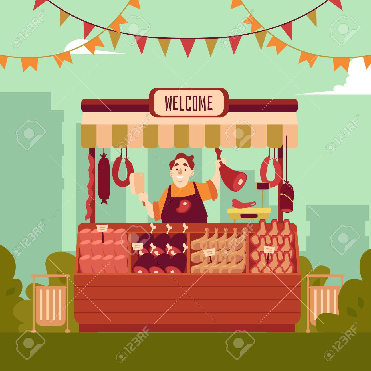 Farmer Street Market Or Fair Shopping Counter With Meat And Seller Man Cartoon Character The Flat Vector Illustration On The City Landscape Background. Marketplace Food Stand. Royalty Free SVG, Cliparts, Vectors, And Farmer Street Market Or Fair Shopping Counter With Meat And Seller Man Cartoon Character The Flat Vector Illustration On The City Landscape Background. Marketplace Food Stand. Royalty Free SVG, Cliparts, Vectors, And