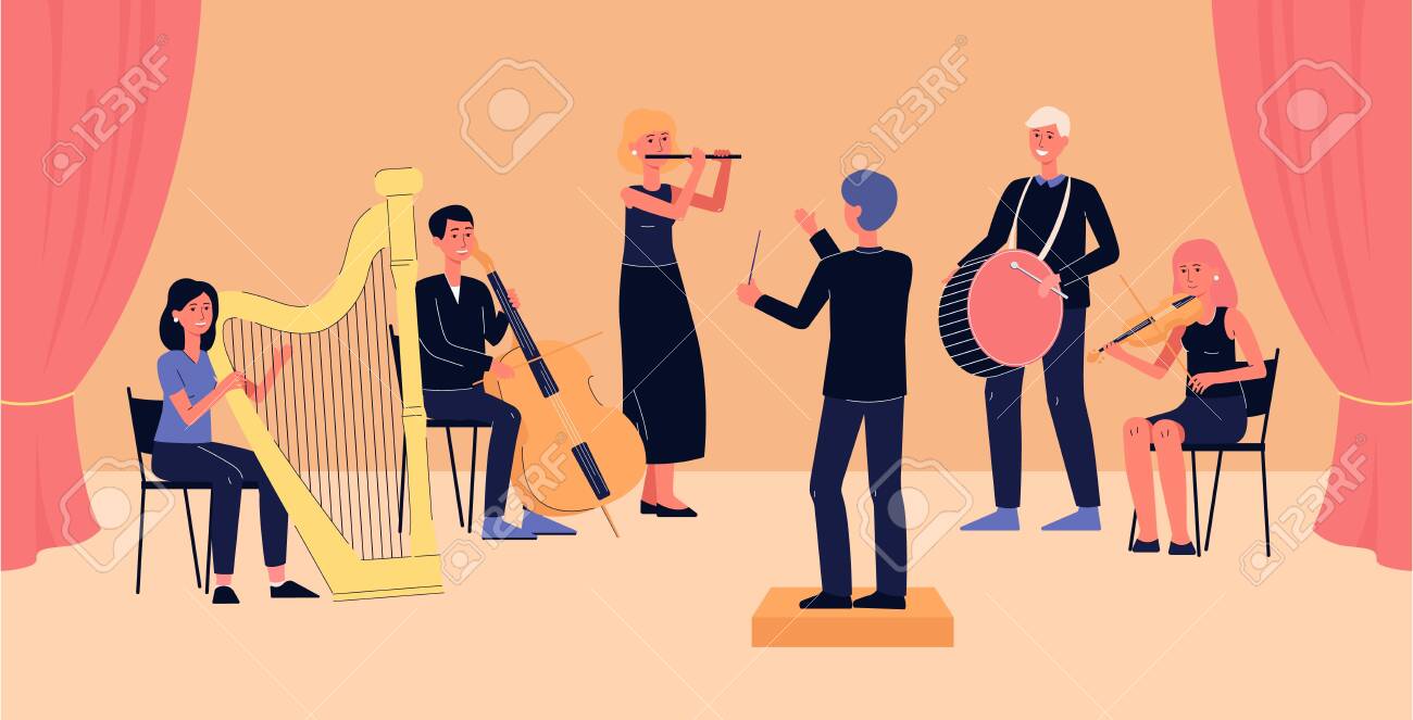 Banner De La Orquesta Sinfónica: Dibujos Animados De Personas Con Instrumentos Musicales Que Tocan Música Clásica En El Escenario Del Concierto Mientras Miran Al Director. Ilustración Vectorial Plana Ilustraciones Svg, Vectoriales, Clip Banner De La Orquesta Sinfónica: Dibujos Animados De Personas Con Instrumentos Musicales Que Tocan Música Clásica En El Escenario Del Concierto Mientras Miran Al Director. Ilustración Vectorial Plana Ilustraciones Svg, Vectoriales, Clip