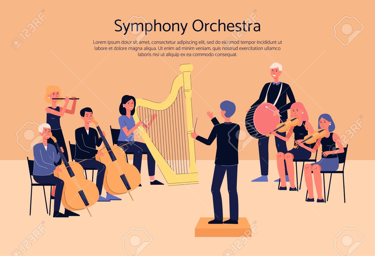 Symphony Orchestra Musicians Playing Classical Instrumental Music On Concert Stage Cartoon People With Musical Instruments Flat Banner With Text Template Vector Illustration Royalty Free Cliparts Vectors And Stock Illustration Image