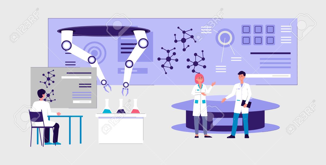 Futuristic laboratory interior banner - cartoon scientist people doing science experiment using robotic hand technology and modern equipment, vector illustration. - 133080546 Futuristic laboratory interior banner - cartoon scientist people doing science experiment using robotic hand technology and modern equipment, vector illustration. - 133080546