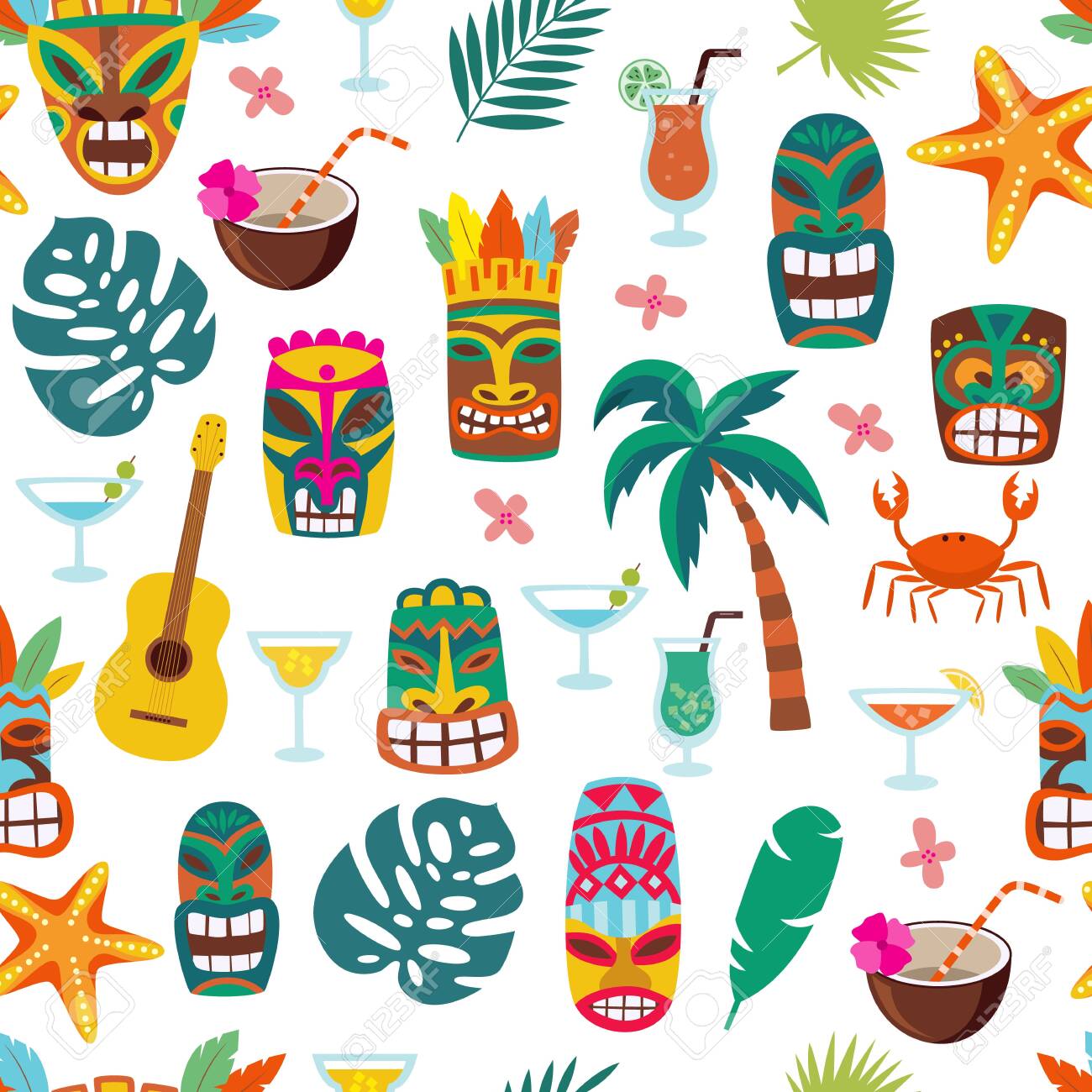 Colorful Tiki Mask And Hawaii Vacation Symbol Seamless Pattern - Cartoon  Background Of Exotic Palm Tree Leaves, Cocktails And Totems. Flat Isolated  Vector Illustration. Royalty Free SVG, Cliparts, Vectors, and Stock  Illustration., image size:1300x1300