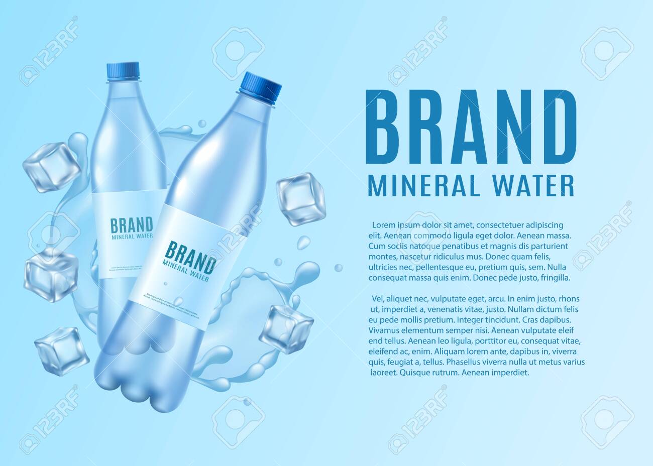 Download Fresh Natural Water Ad Poster Template Realistic Mockup Of Two Plastic Bottles Floating In Water Splash Shape And Ice Cubes Vector Illustration Of Cold Beverage Royalty Free Cliparts Vectors And Stock