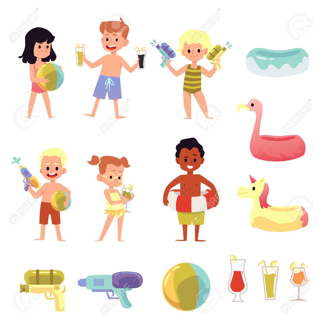 Download Children Cartoon Characters On Summer Pool Party Or Beach Flat Royalty Free Cliparts Vectors And Stock Illustration Image 147650140