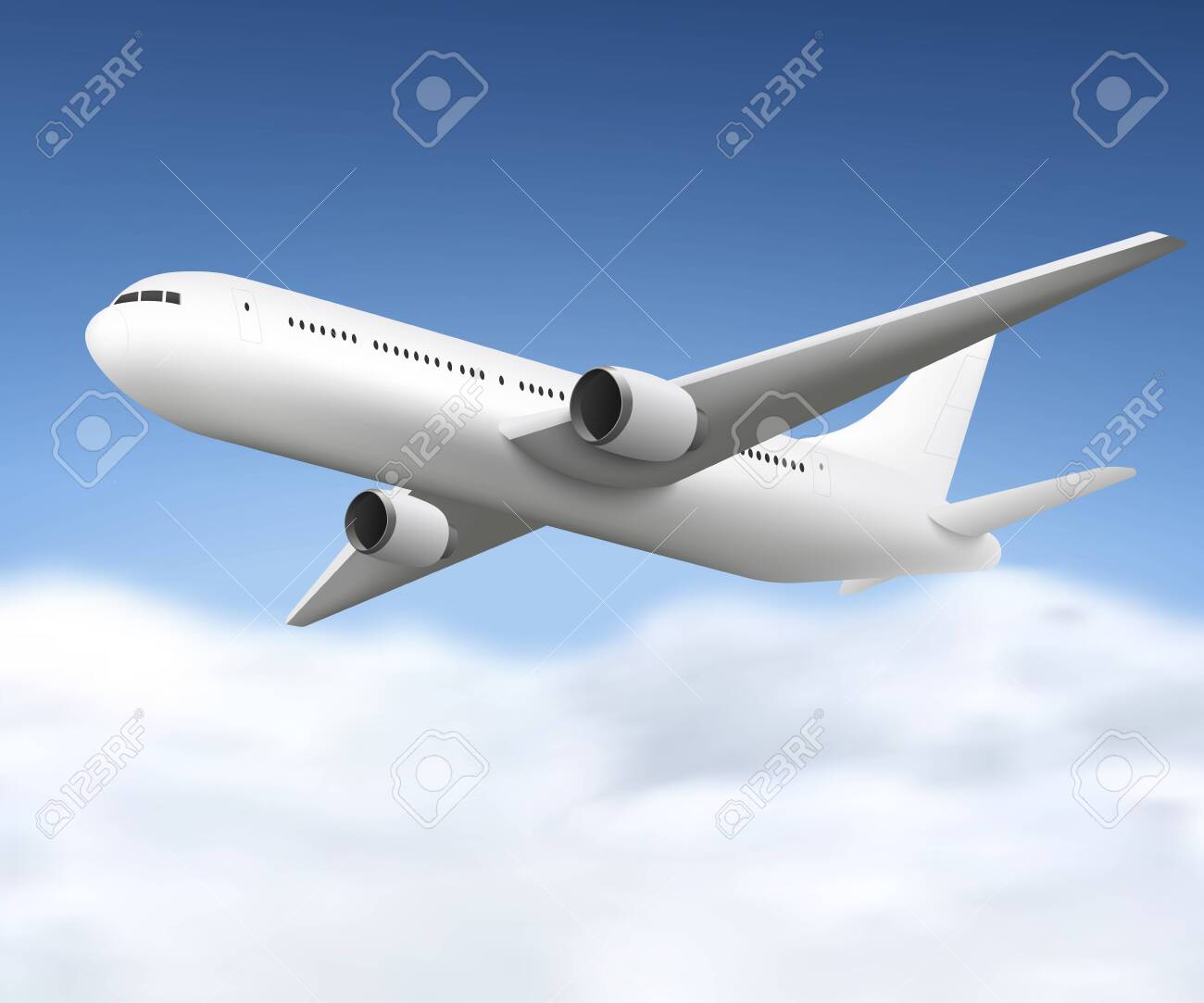 Download Realistic White Airplane Flying In Blue Sky With Clouds 3d Mockup Of Jet Passenger Aircraft Seen From Side View Blank Design Template Vector Illustration Royalty Free Cliparts Vectors And Stock Illustration Image