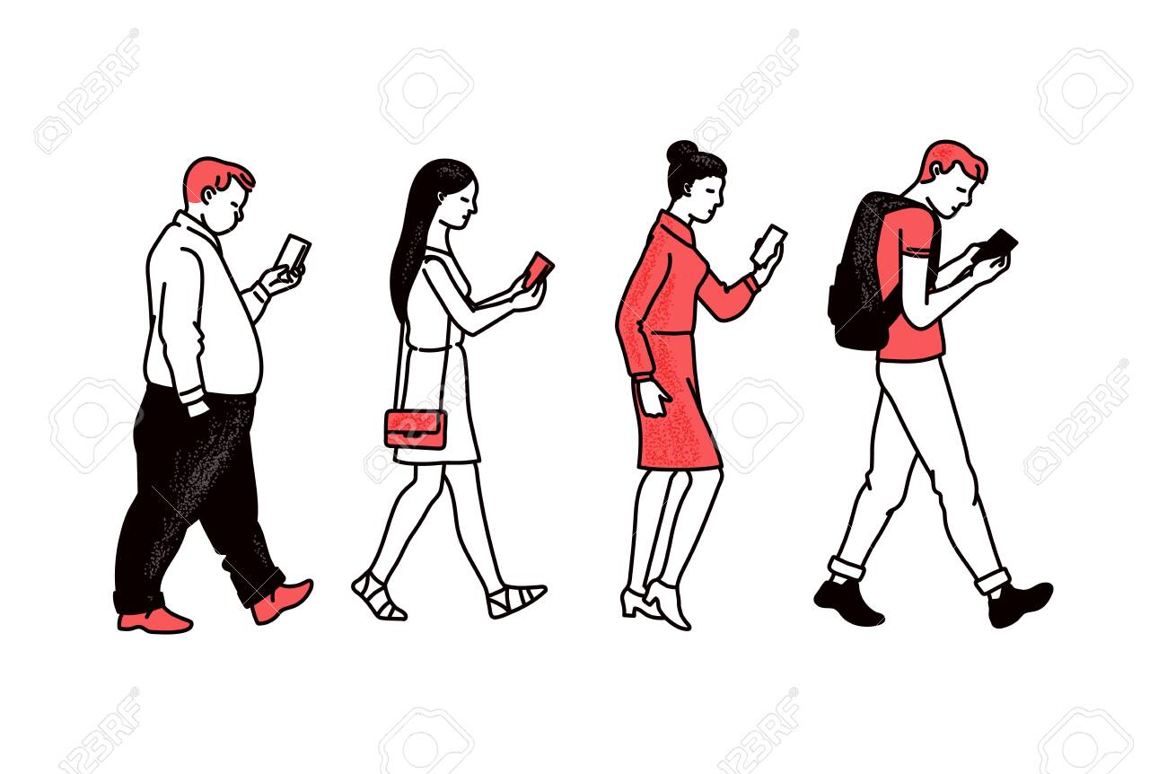 Side View Of People Walking While Looking At Mobile Phone Screen - Cartoon Smartphone User Group Holding Gadgets And Walking In One Line. Flat Isolated Set Vector Illustration. Royalty Free SVG, Cliparts, Side View Of People Walking While Looking At Mobile Phone Screen - Cartoon Smartphone User Group Holding Gadgets And Walking In One Line. Flat Isolated Set Vector Illustration. Royalty Free SVG, Cliparts,