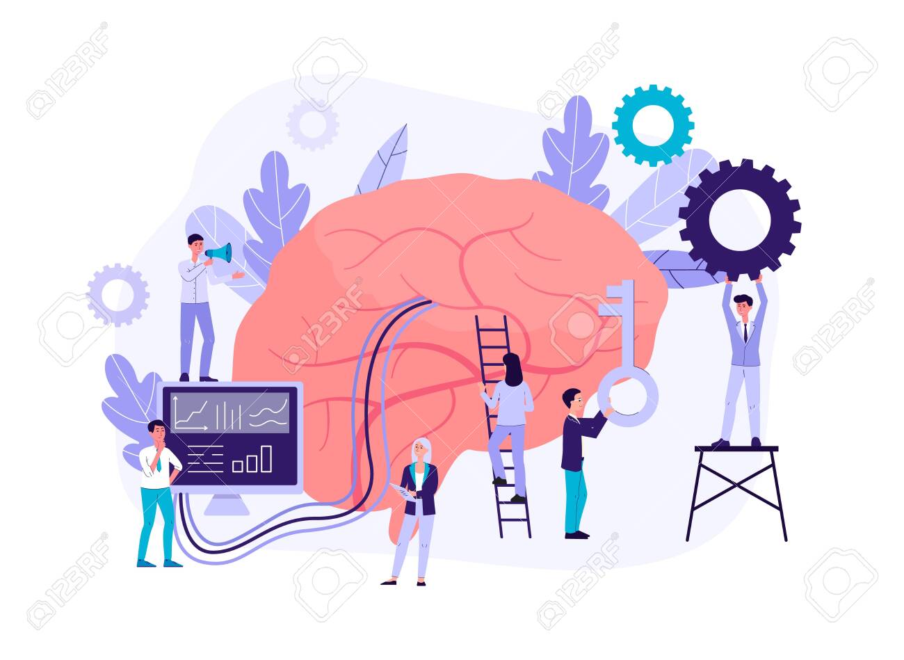 Neuromarketing technology concept with people cartoon characters analyzing customer behavior and developing marketing strategy, flat isolated vector illustration. - 154144314 Neuromarketing technology concept with people cartoon characters analyzing customer behavior and developing marketing strategy, flat isolated vector illustration. - 154144314