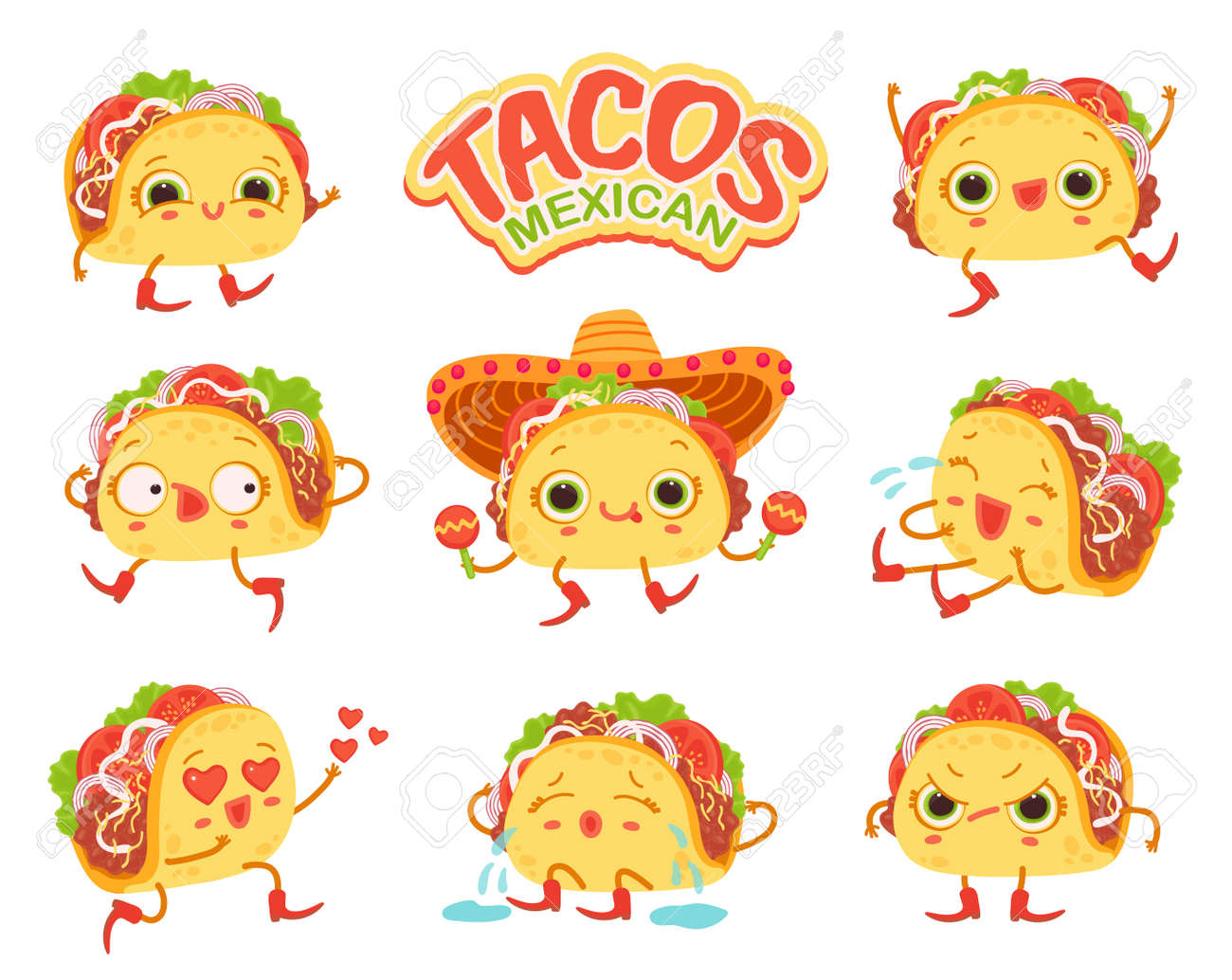 Pancarta O Póster Con Letras Y Un Conjunto De Personajes De Tacos De Dibujos Animados Con Diferentes Emociones. Comida Tradicional Mexicana. Ilustración De Vector Plano Aislado Sobre Fondo Blanco Ilustraciones Svg, Vectoriales, Pancarta O Póster Con Letras Y Un Conjunto De Personajes De Tacos De Dibujos Animados Con Diferentes Emociones. Comida Tradicional Mexicana. Ilustración De Vector Plano Aislado Sobre Fondo Blanco Ilustraciones Svg, Vectoriales,
